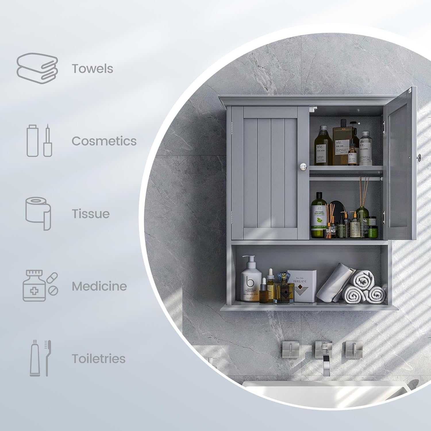 Tangkula Armario de pared de baño, armario colgante de madera con puertas y estantes, gabinete de almacenamiento multiusos para baño, cocina, sala