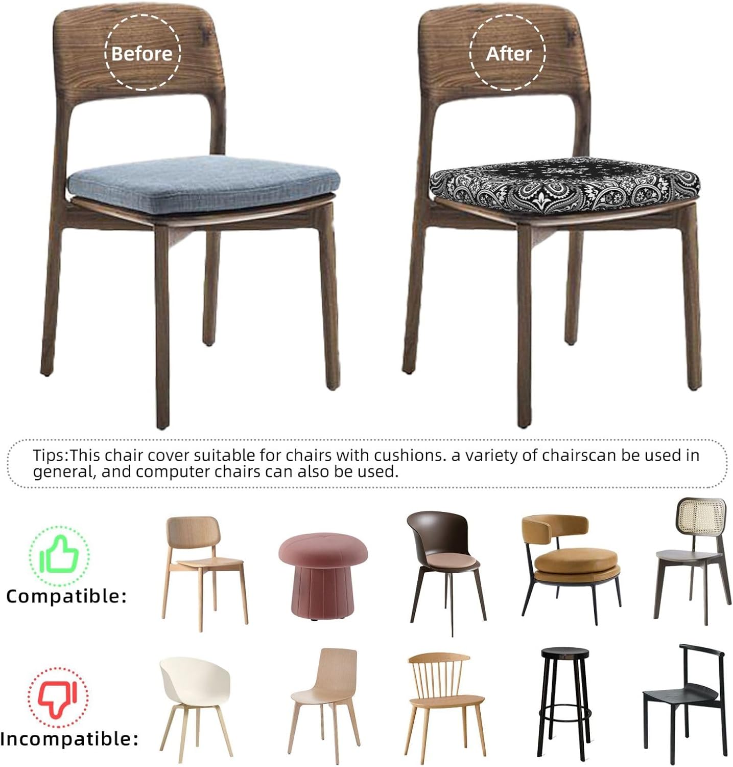 Juego de 4 fundas de asiento para sillas de comedor, diseño abstracto de cachemira de seda con patrón de bufanda, fundas de cojín elásticas para