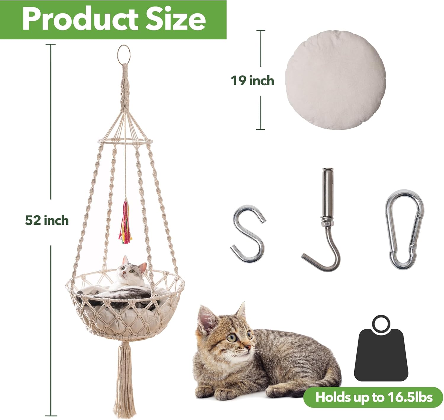 MEWOOFUN Hamaca colgante de macramé, cama tejida a mano para gatos con alfombrilla de algodón lavado y divertido juguete para gatos para dormir