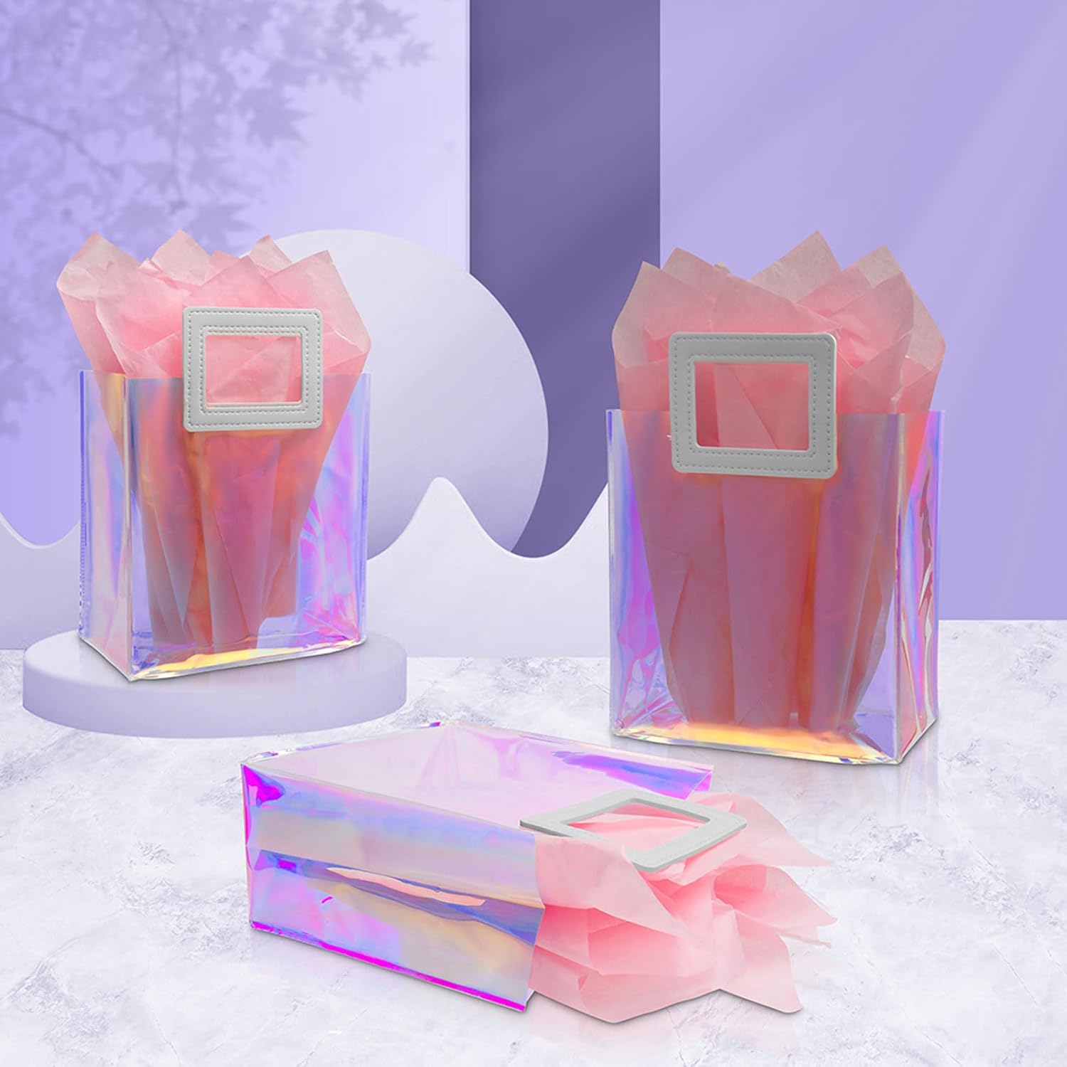 Caleihd 12 bolsas de regalo holográficas transparentes con papel de seda, bolsas de regalo de 7.9 x 7.1 x 3.9 pulgadas con asas, bolsas de regalo,