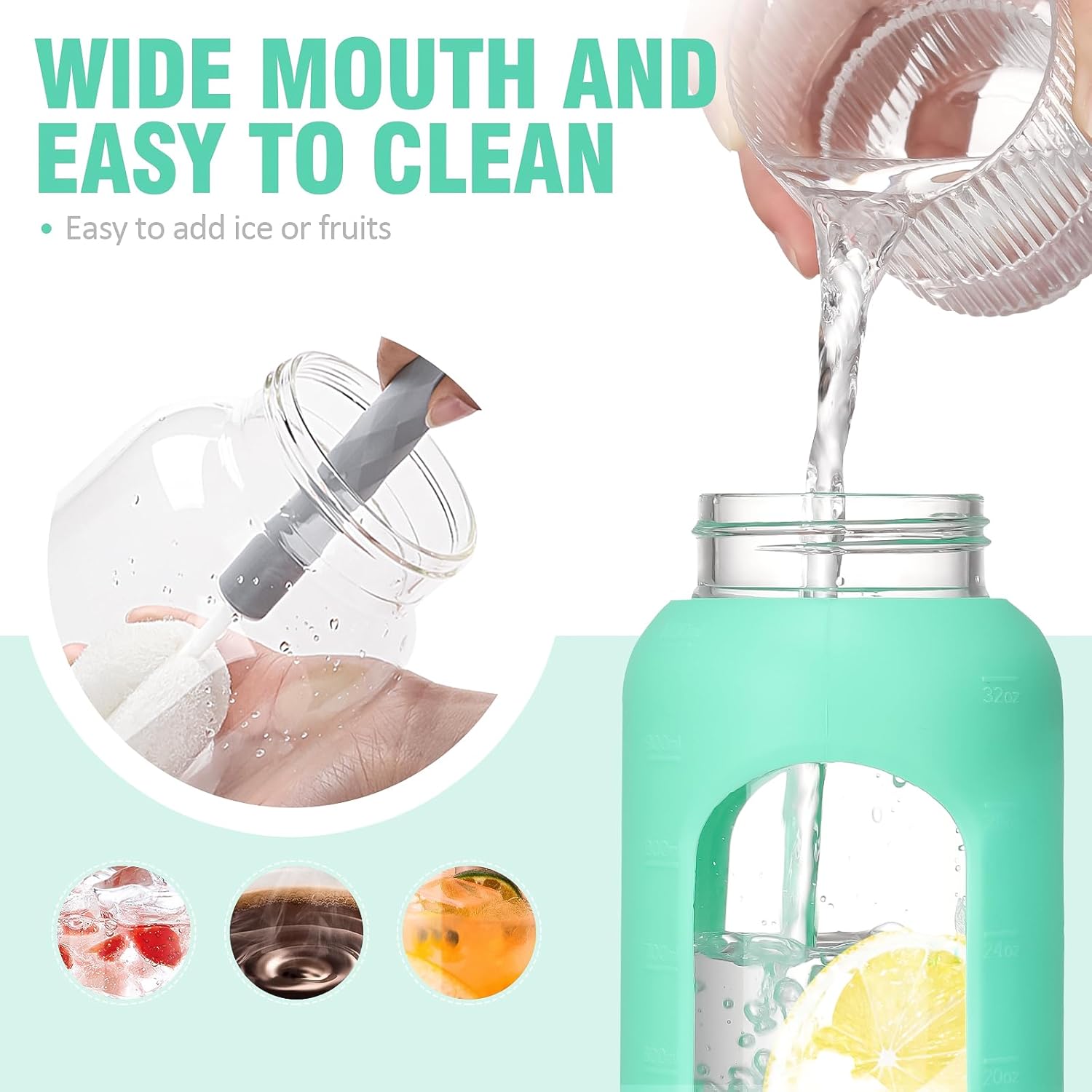 BLUEGO Botella de agua de vidrio de 32 onzas con pajilla, botellas de agua motivacionales con marcador de tiempo y funda de silicona, botella de