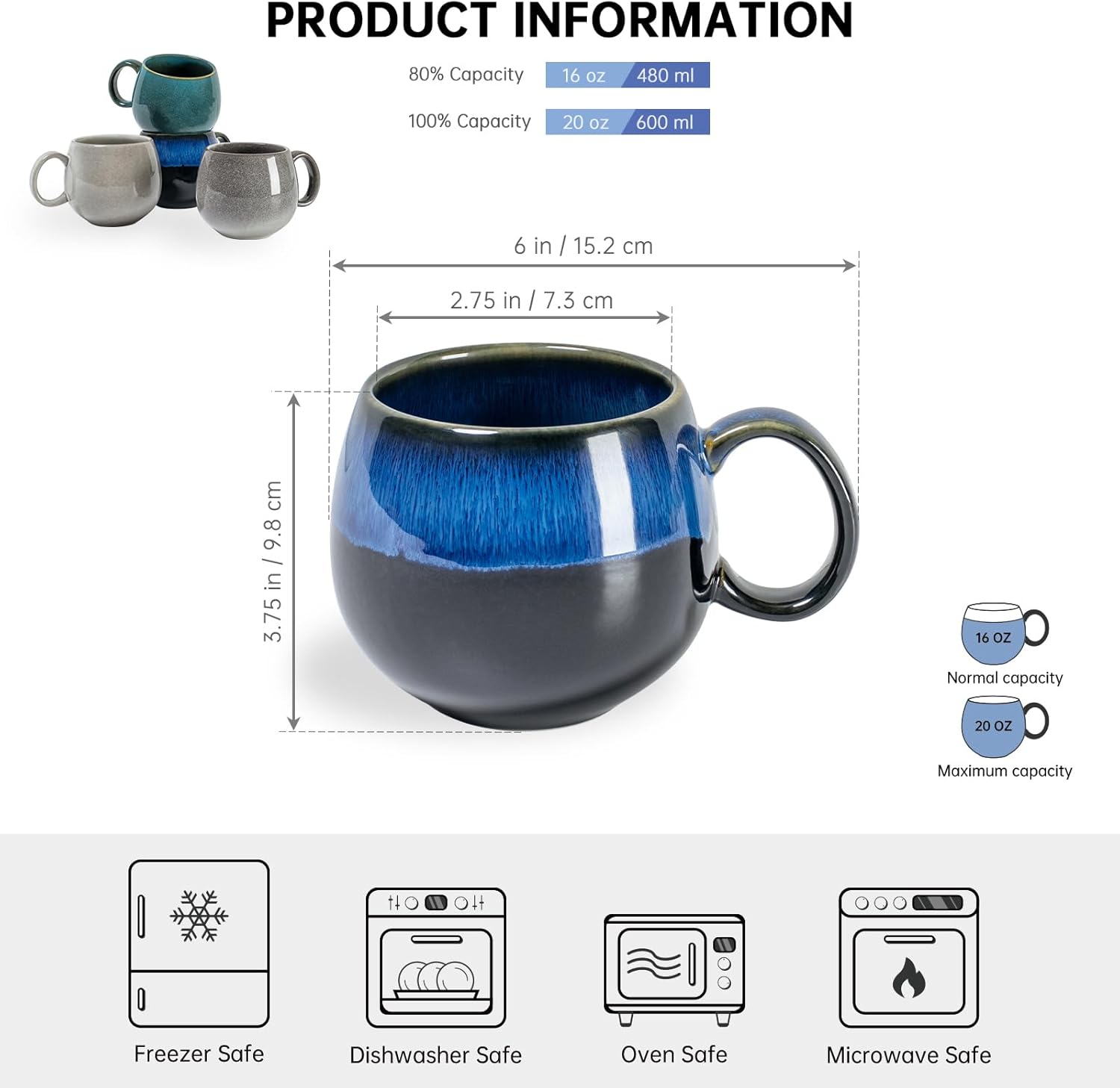 UNICASA Juego de 4 tazas de café, tazas de cerámica jumbo de 18 onzas, cereales de porcelana, tazas de sopa con asas para café, té, leche, café con