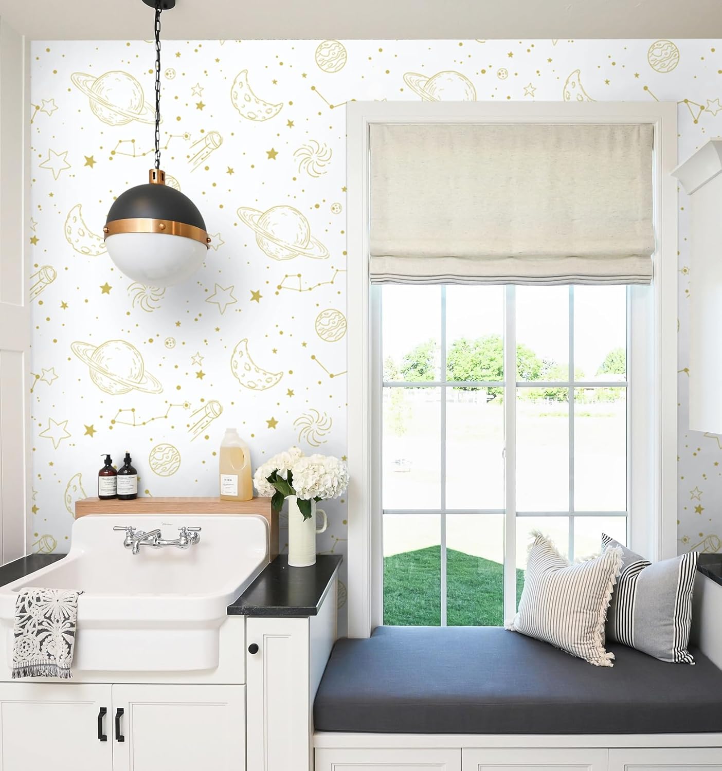 Papel tapiz de estrellas para despegar y pegar, papel tapiz dorado y blanco, con patrón de luna, autoadhesivo, impermeable, papel de contacto, lindo