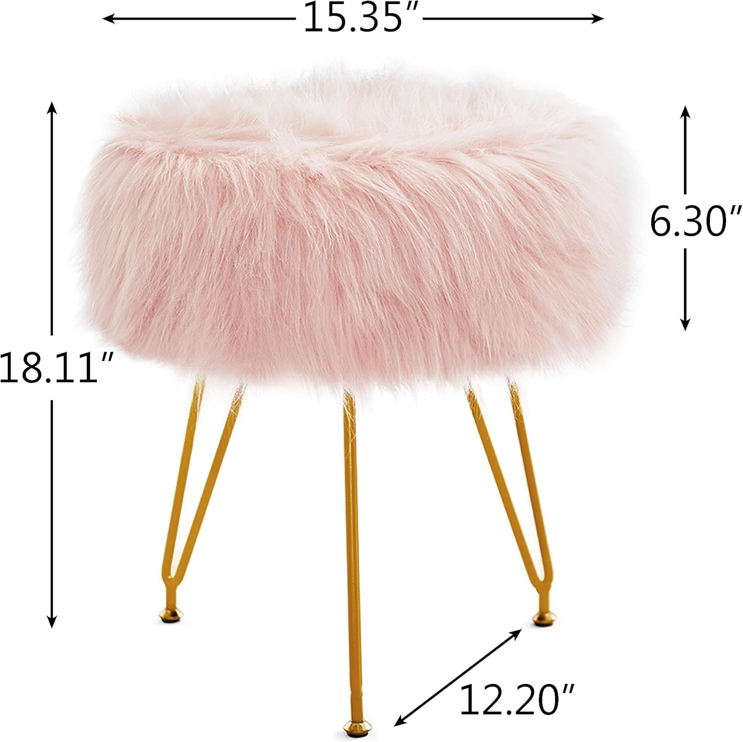 Taburete de tocador de piel sintética, taburete de maquillaje otomano peludo, taburete redondo tapizado con 4 patas de metal y pies ajustables para