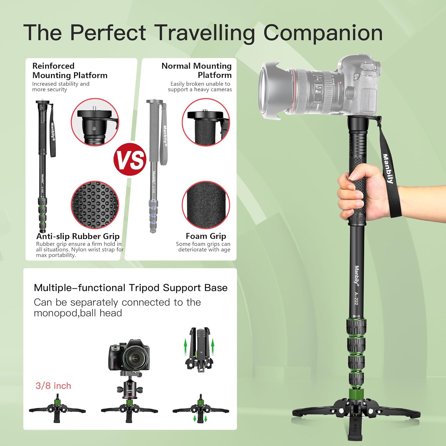 Monopod con pies, monopie para cámara Manbily de 67 pulgadas, soporte monopie de aluminio con base de trípode, monopie de viaje ligero para cámara