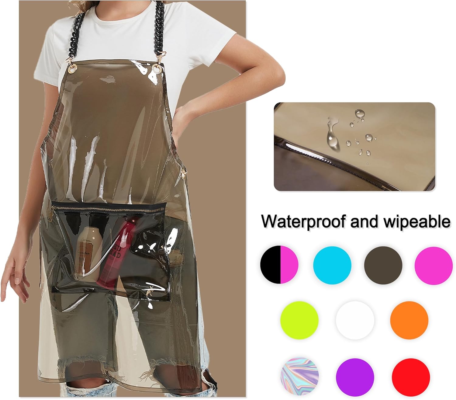 Delantal de peluquero con bolsillo, delantal transparente impermeable, talla única, cadenas ajustables
