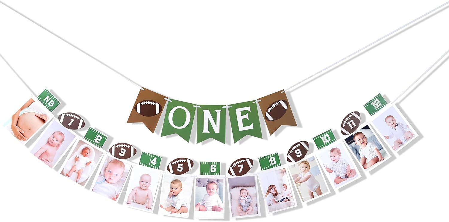 Cartel de fútbol de primer cumpleaños  Decoraciones de primer cumpleaños de fútbol americano, pancarta de fotos de fútbol de 12 meses, pancarta de