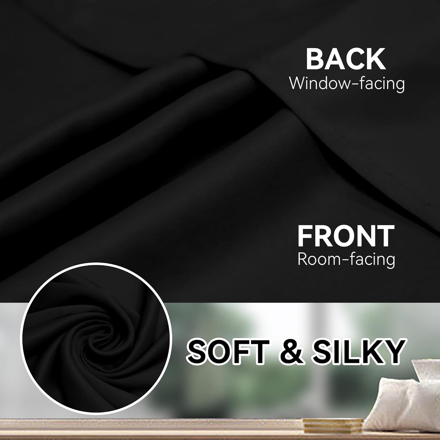 Hascemon Cortinas opacas de dos pisos, cortinas extralargas para oscurecer la habitación con ojales para sala de estar (1 panel, negro, 52 x 144