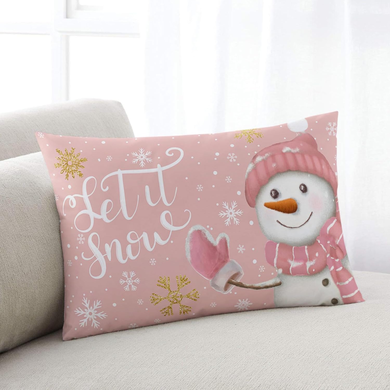 Fundas de almohada de Navidad de muñeco de nieve rosa de 16 x 24 pulgadas, fundas de almohada rectangulares de invierno con copos de nieve de