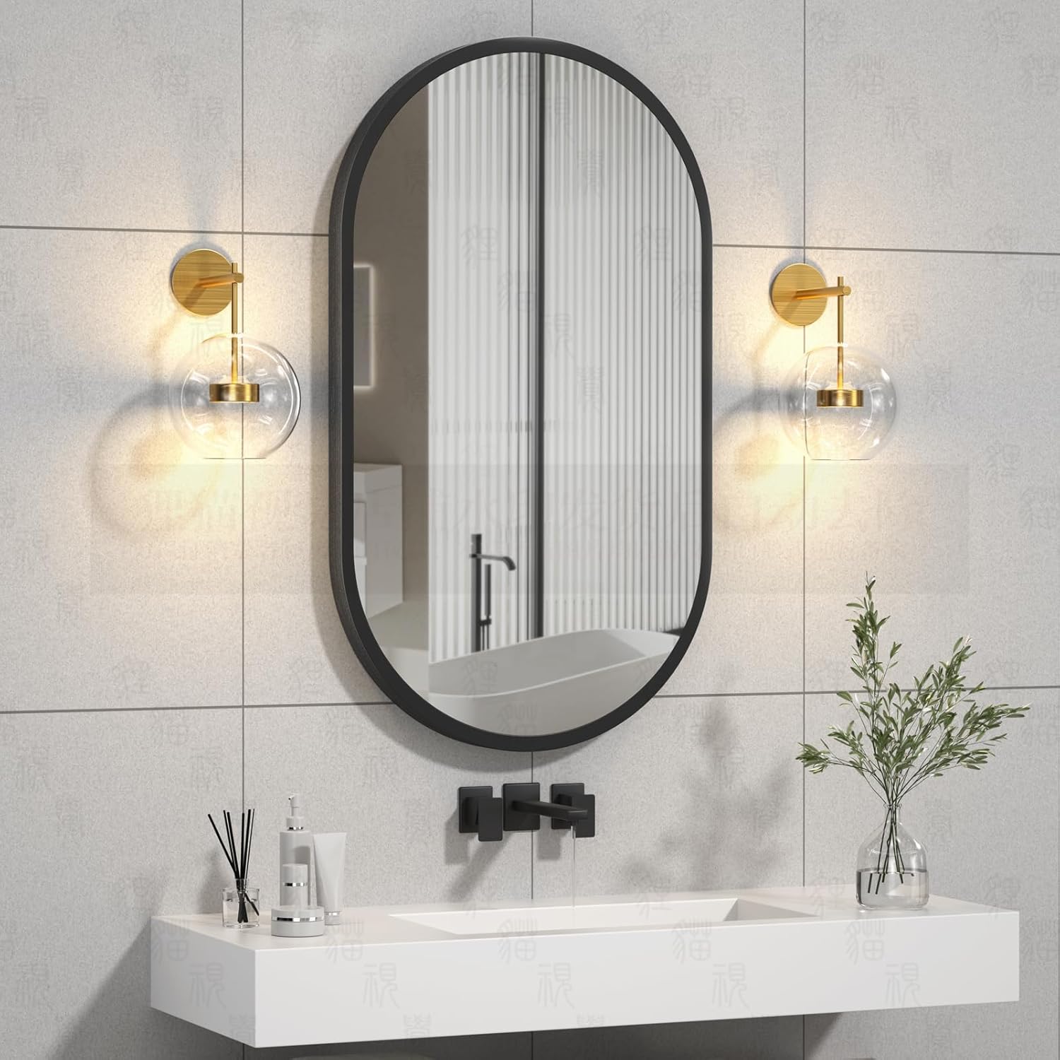 Espejo ovalado negro de 24 x 36 pulgadas, espejo de tocador de baño, con marco de metal, espejo en forma de píldora, moderno horizontal o vertical,