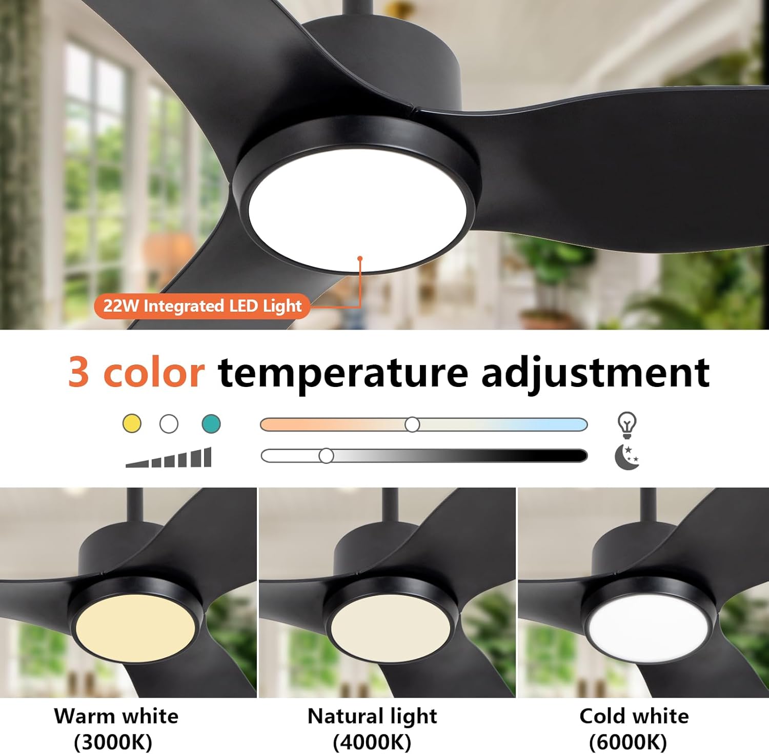 Ventilador de techo negro con control remoto de luz, 52 pulgadas, 6 velocidades, motor silencioso reversible, 3CCT, regulable, LED, temporizador,