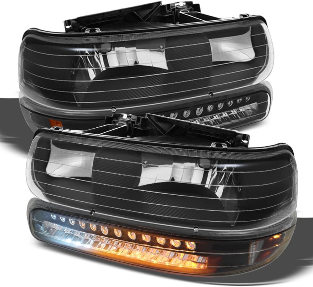 ACANII – Para faros delanteros negros Chevy Silverado 00-06 Suburban Tahoe 1999-2002 + lámparas LED parachoques conductor + lado del pasajero