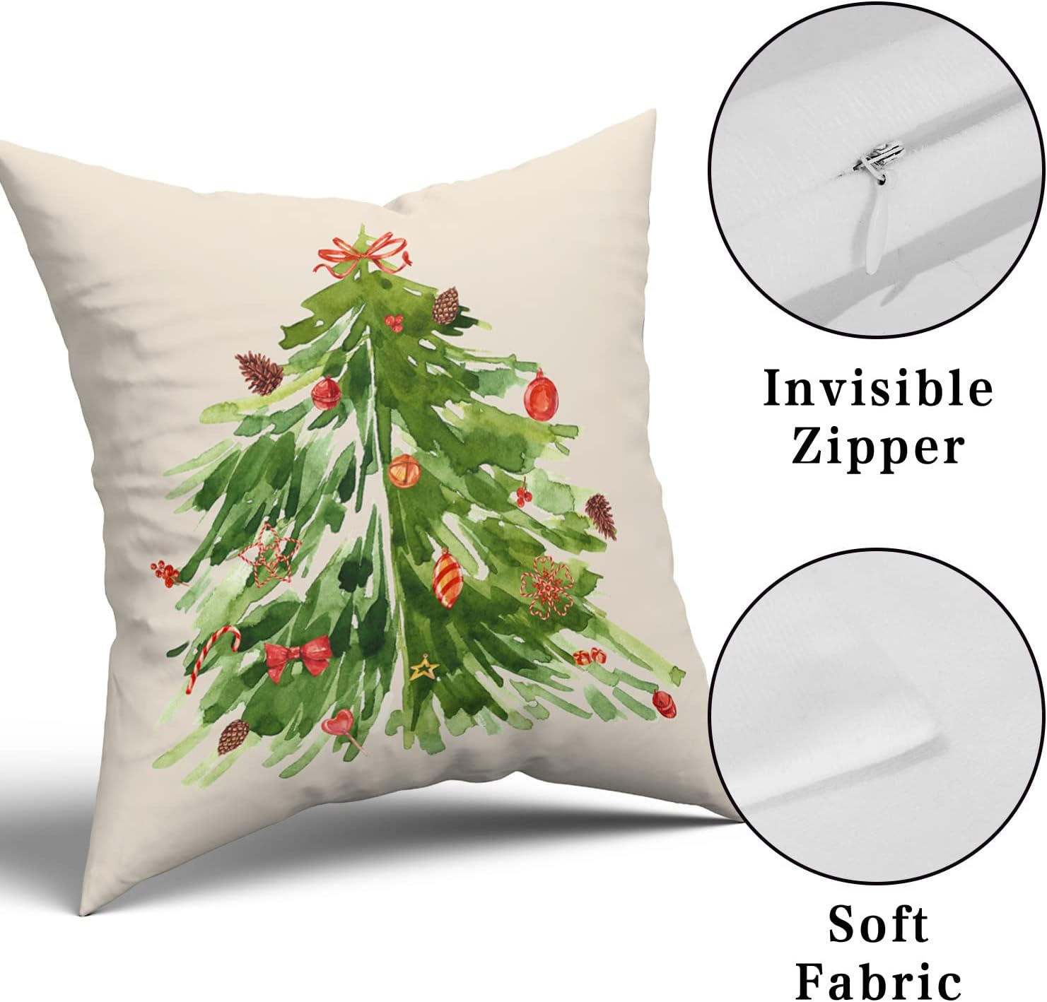 Kawani Juego de 2 fundas de almohada cuadradas decorativas con diseño de árbol de Navidad en acuarela de 20 x 20 pulgadas, fundas de almohada
