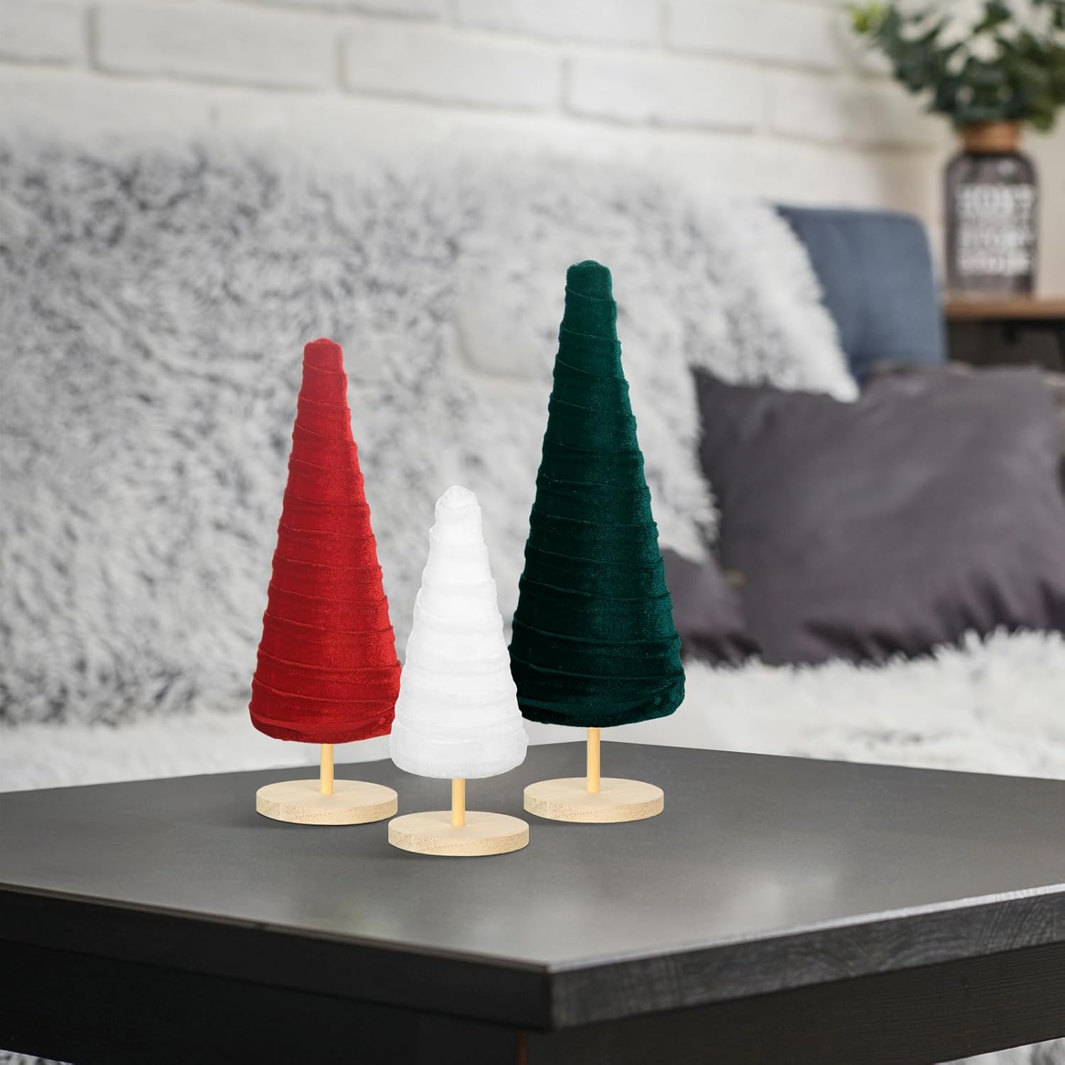 Juego de 3 árboles de terciopelo con pedestal de Navidad, decoración moderna para árbol de invierno, 3 tamaños, decoraciones de terciopelo de
