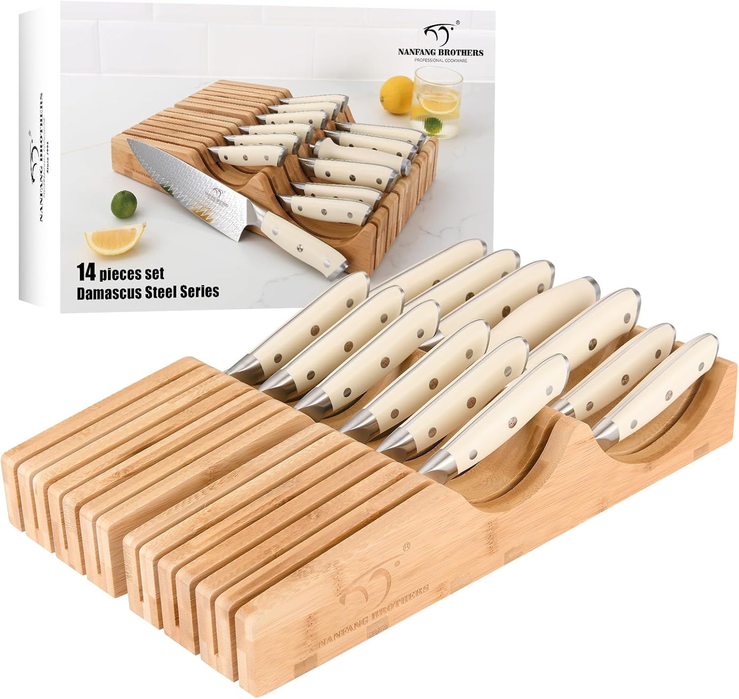NANFANG BROTHERS Damascus – Juego de cuchillos de cocina de 14 piezas, mango ergonómico ABS para VG10 acero profesional cuchillos de chef con bloque