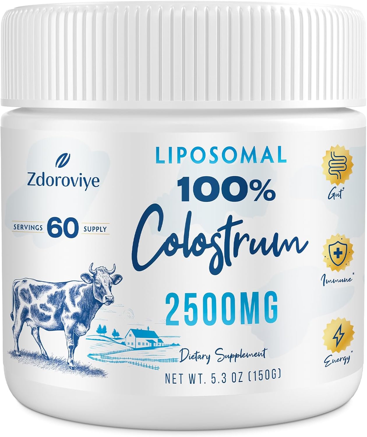 Suplemento en polvo de calostro bovino liposomal, 2500 mg, de vacas alimentadas con pasto, alta absorción que el calostro bovino regular para
