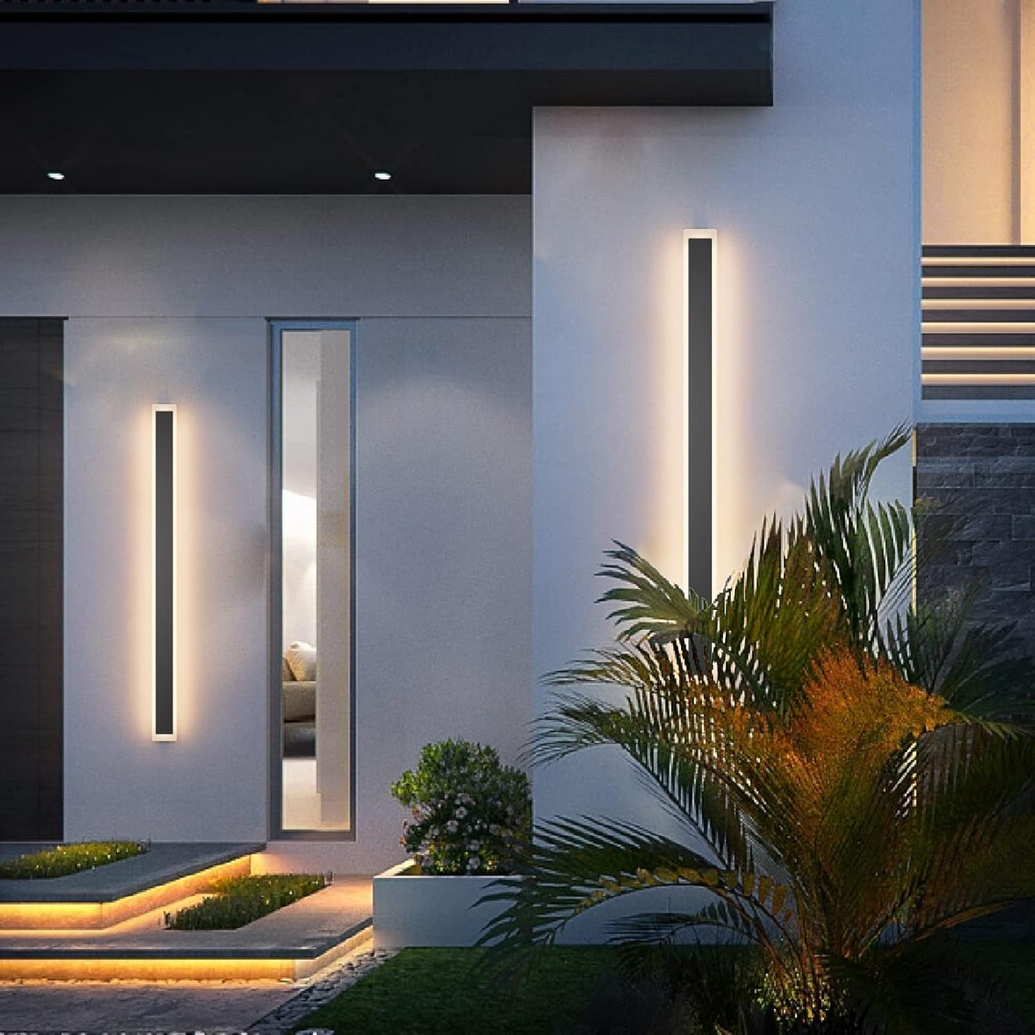 Paquete de 2 luces para exteriores, moderna lámpara de pared para exteriores, tira larga, aplique de pared LED IP65, luz cálida antioxidante, 3000