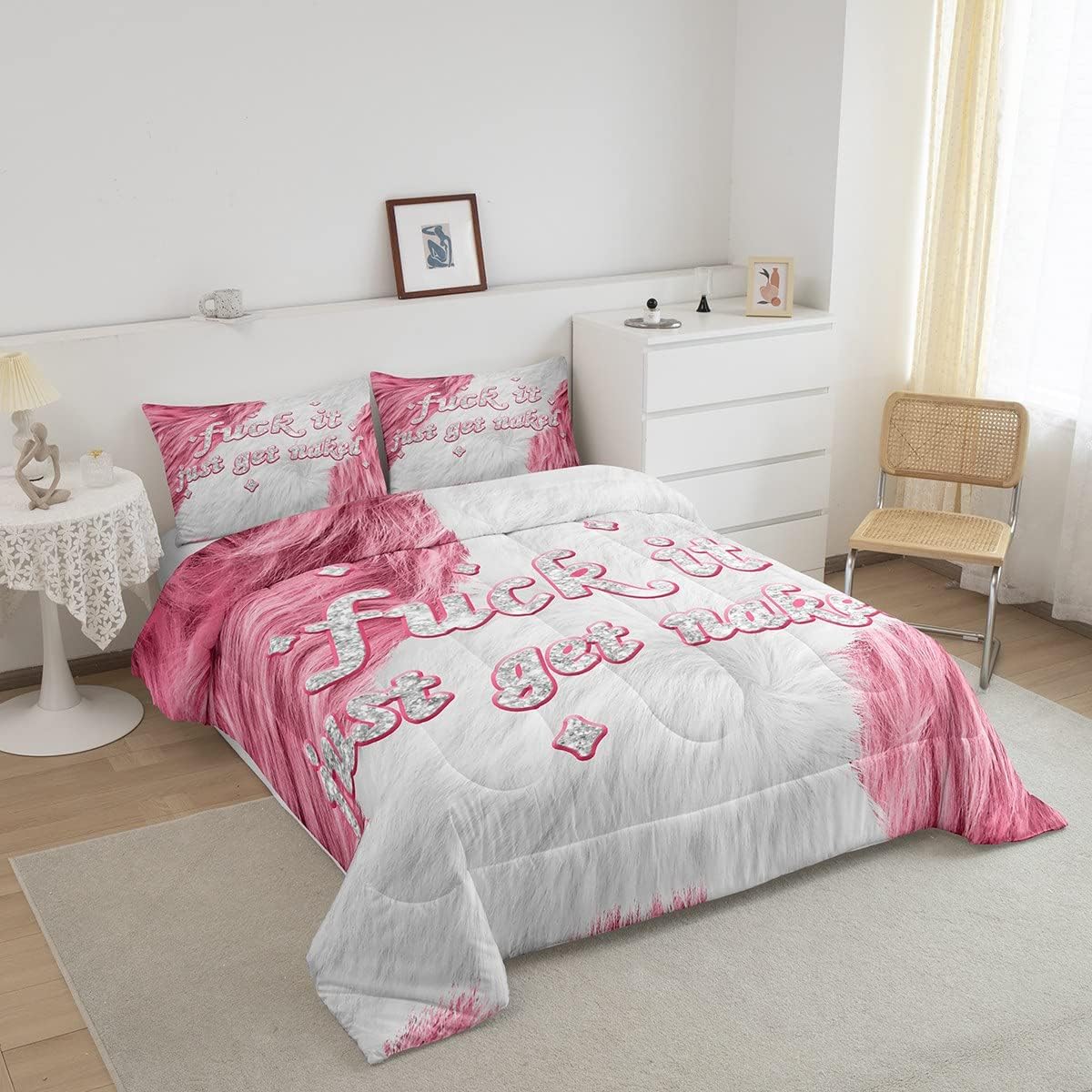 Feelyou Get Naked – Juego de ropa de cama para niños, juego de edredón de piel de vaca para niños, color rosa vaca, decoración con purpurina, juego