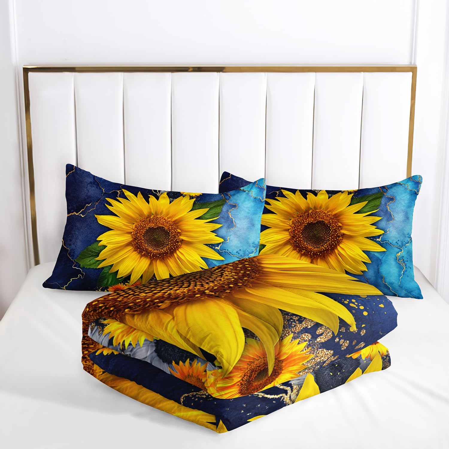 AILONEN Juego de edredón de girasol, tamaño Queen, juego de ropa de cama con estampado de girasol amarillo en acuarela azul para niños y niñas,