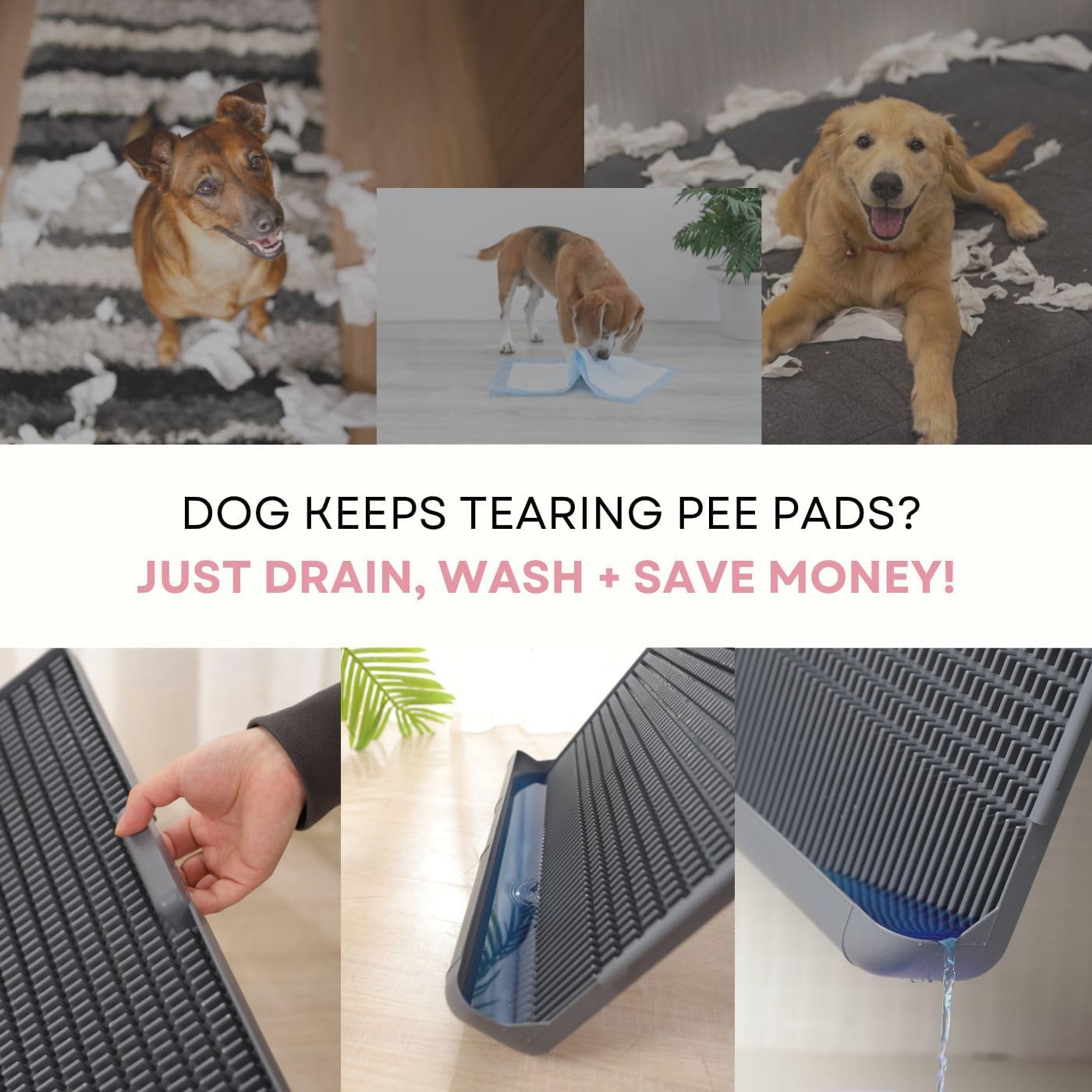 Barkers & Waggers Bandeja de orinal lavable y reutilizable para perros, almohadilla para orina en interiores, resistente a las mordeduras,