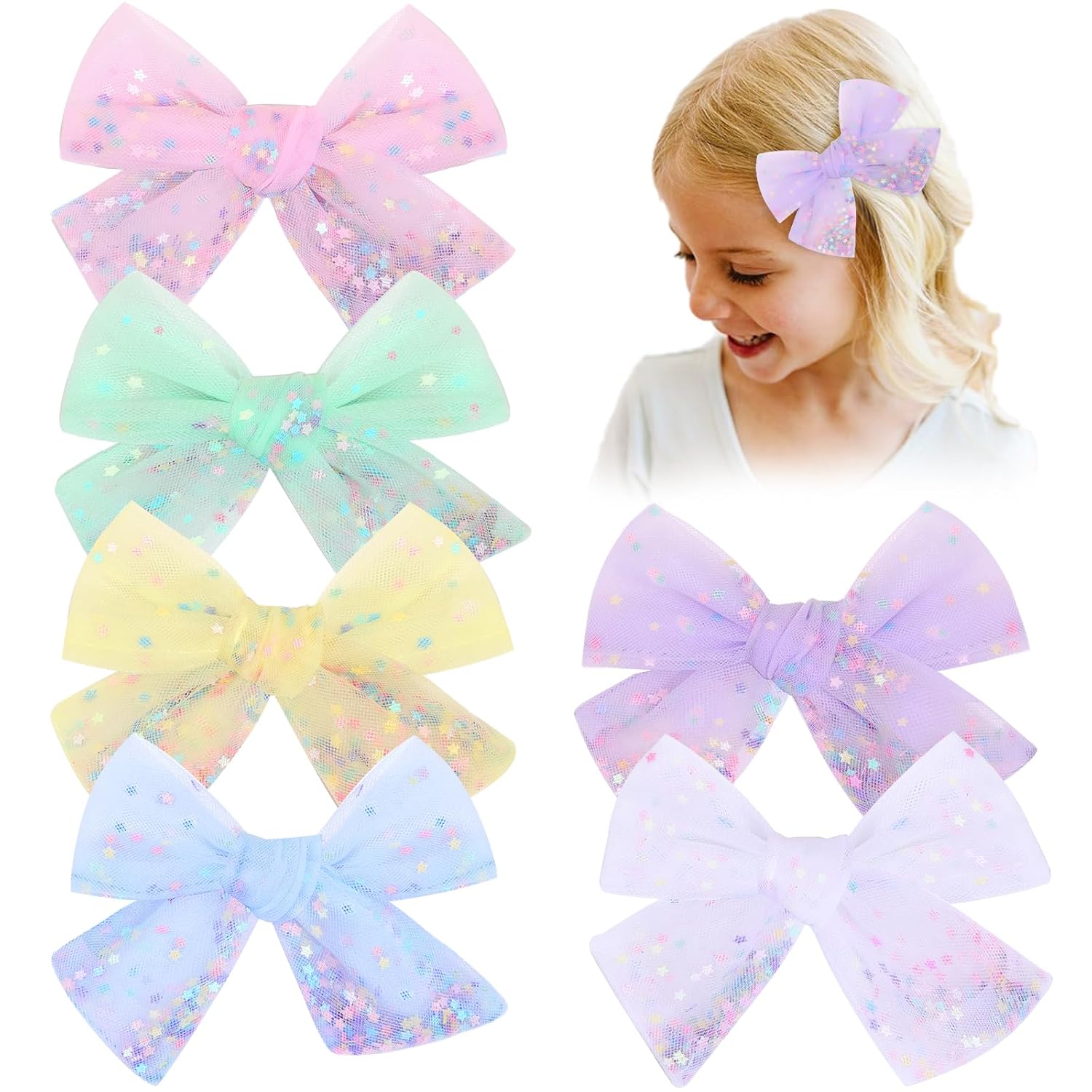 6 lazos de tul para el cabello para niñas, lazos de CN para niños pequeños con cocodrilo estrella con purpurina, pasadores coloridos para el