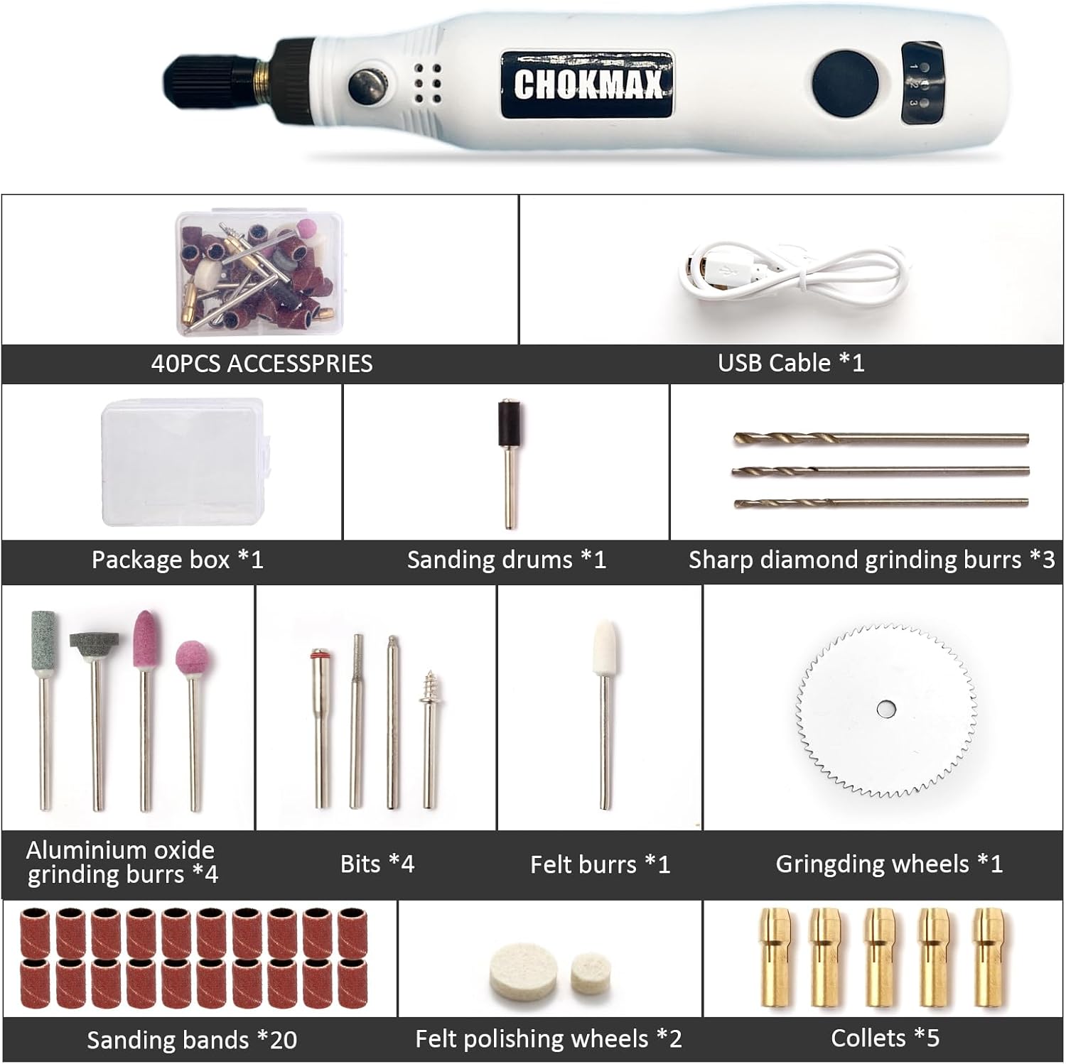 Herramienta rotativa inalámbrica, kit de herramientas múltiples rotativas de iones de litio de 3.7 V con velocidad variable, kit de accesorios de 40