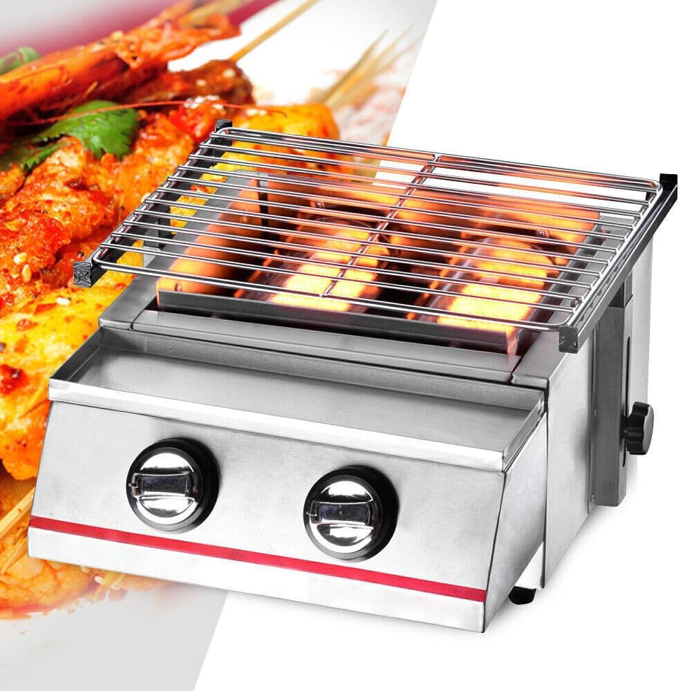 RustyVioum Parrilla de barbacoa de gas de 2 quemadores, parrilla de gas portátil sin humo, cocina portátil de acero inoxidable para cocinar al aire