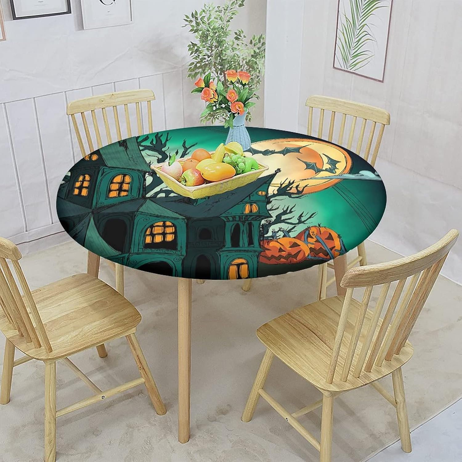 Halloween Elastic Edged Polyester Fitted Table Cover,Halloween Haunted Castle Print Round Fitted Tablecloth, XSmall, Fit Round Tables up 32″-36″