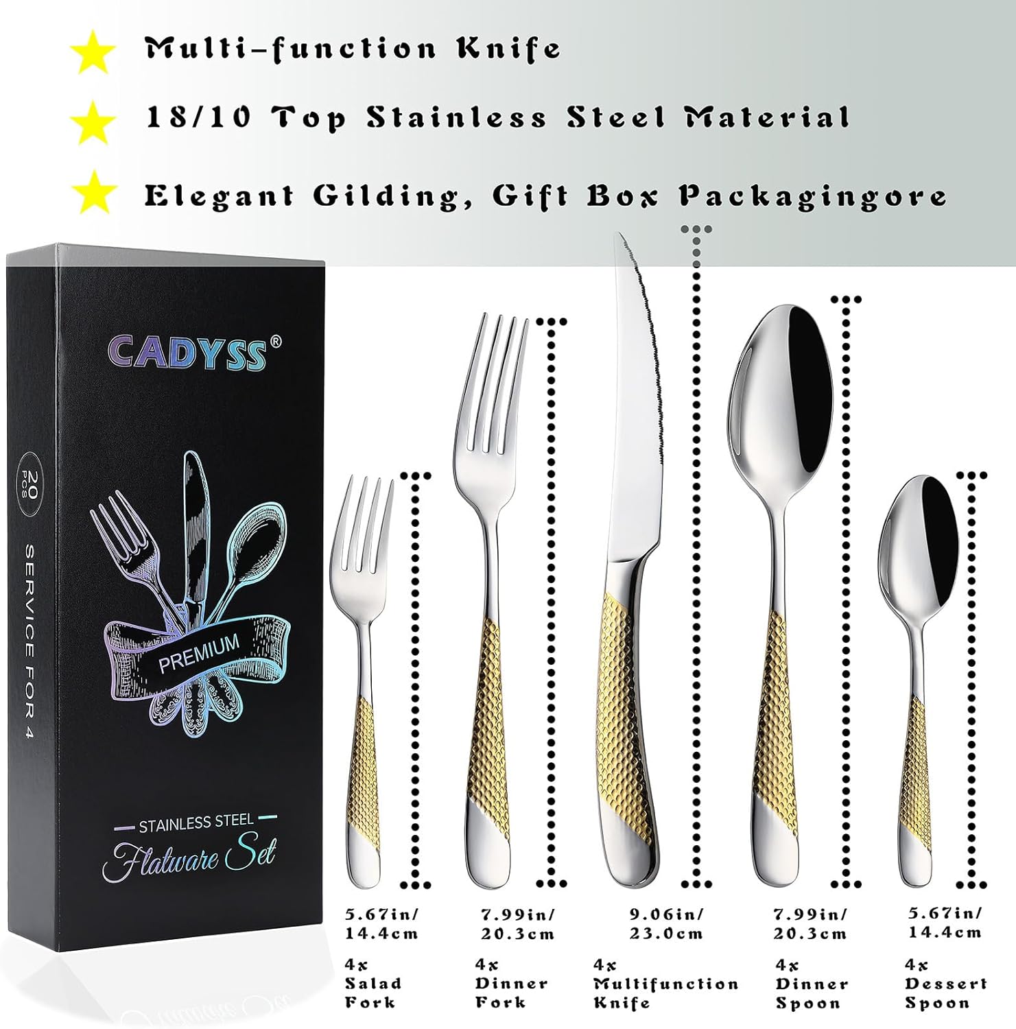 CADYSS Juego de cubiertos de alta calidad, 20 piezas, juego de cubiertos dorados de acero inoxidable 1810, cubiertos martillados, servicio de