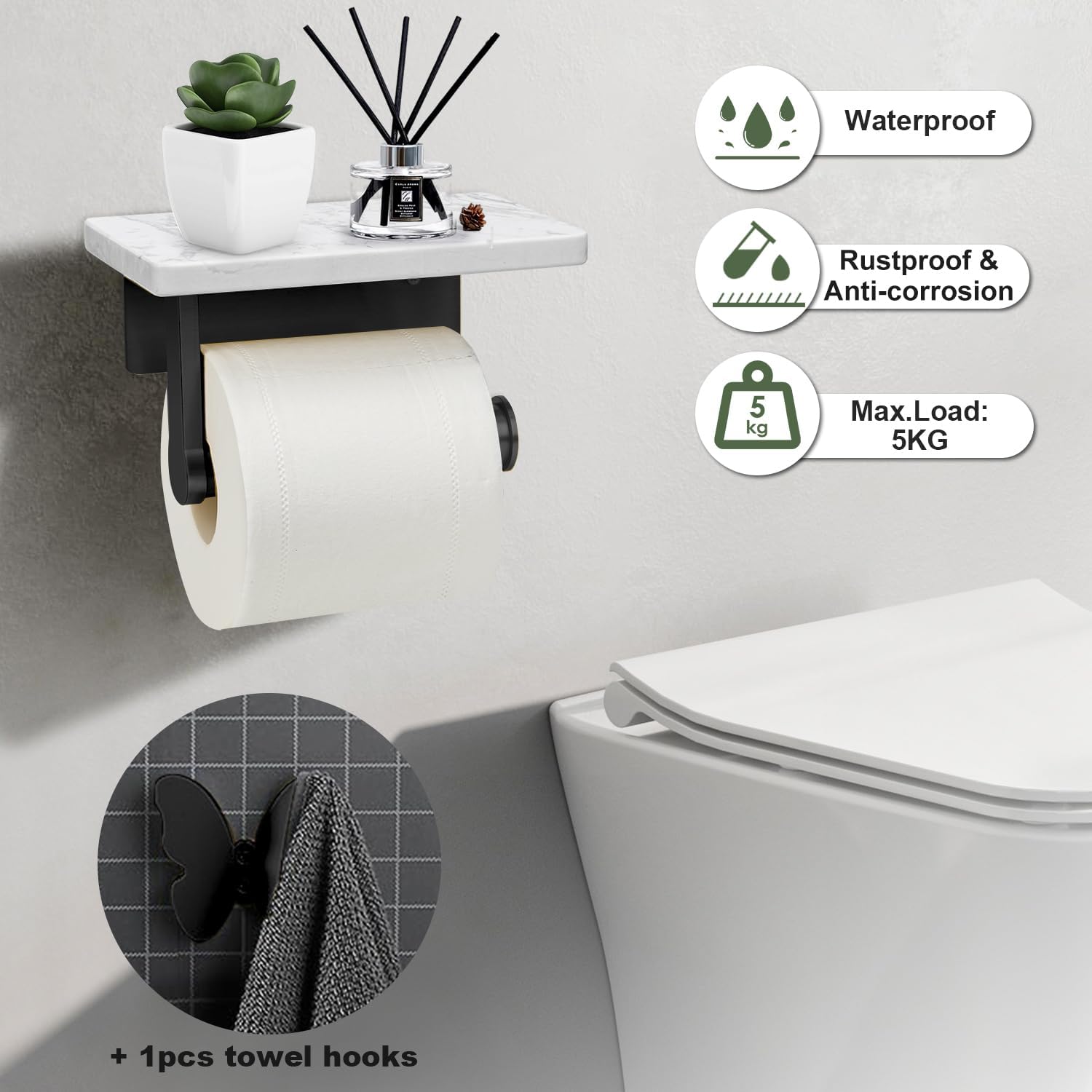 LuDoDo Portarrollos de papel higiénico negro mate con estante de mármol, soporte para rollo de papel higiénico montado en la pared para baño y baño