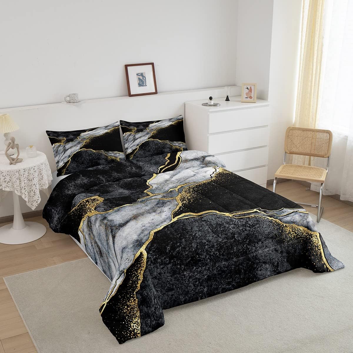 Juego de edredón de mármol negro, edredón de plumón de mármol metálico dorado para niños, adolescentes y adultos, juego de ropa de cama con textura