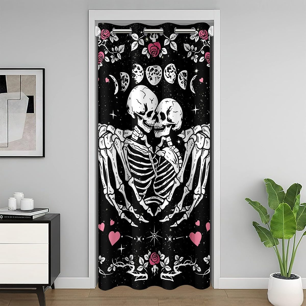 Cortina opaca romántica de esqueleto, 1 panel de 34 pulgadas de ancho x 80 pulgadas de largo, cortina bohemia de puerta con diseño de sol y luna