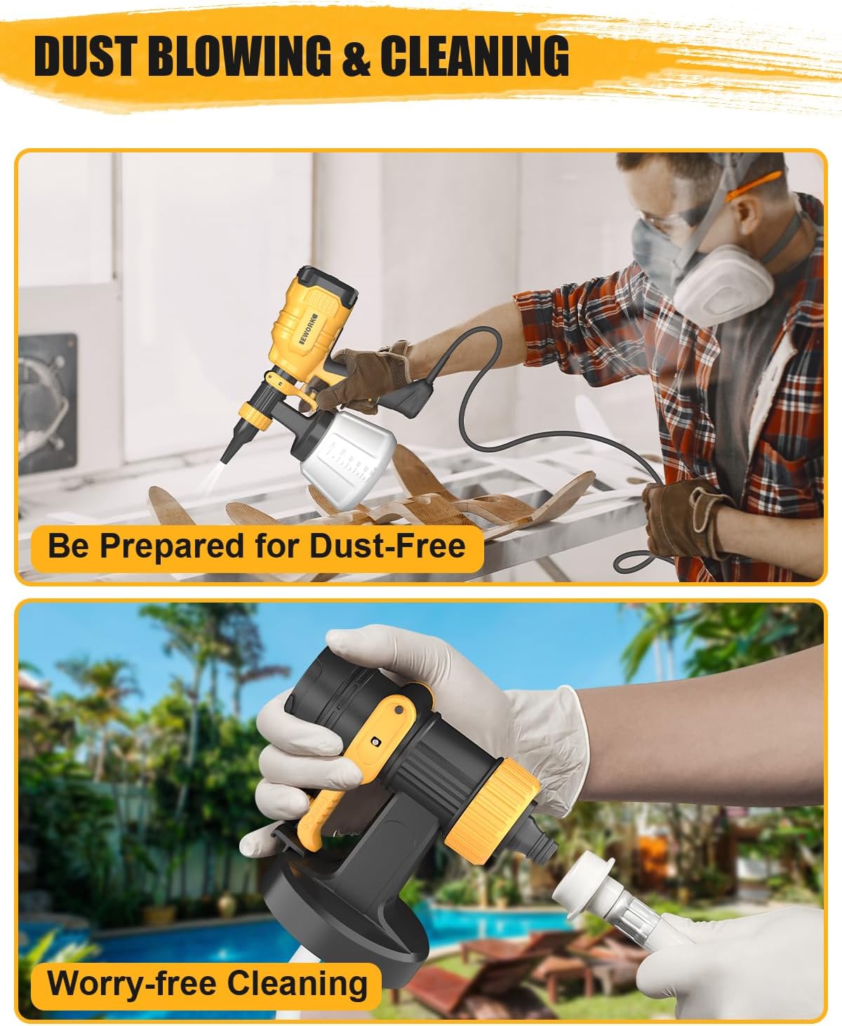 EWORK Pulverizador de pintura eléctrica de 700 W con juntas de limpieza y soplado, pulverizadores de pintura HVLP para interior y exterior del