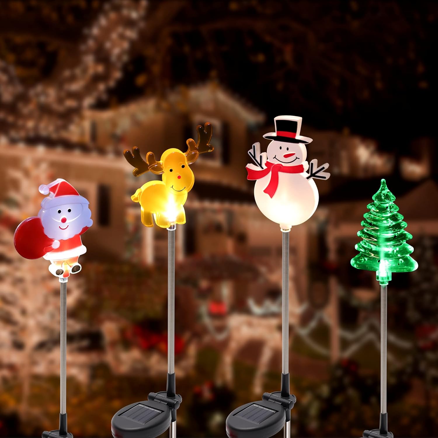 Glintoper Paquete de 4 luces solares de Navidad para exteriores, Papá Noel, muñeco de nieve, árbol de Navidad y reno con estacas de jardín,