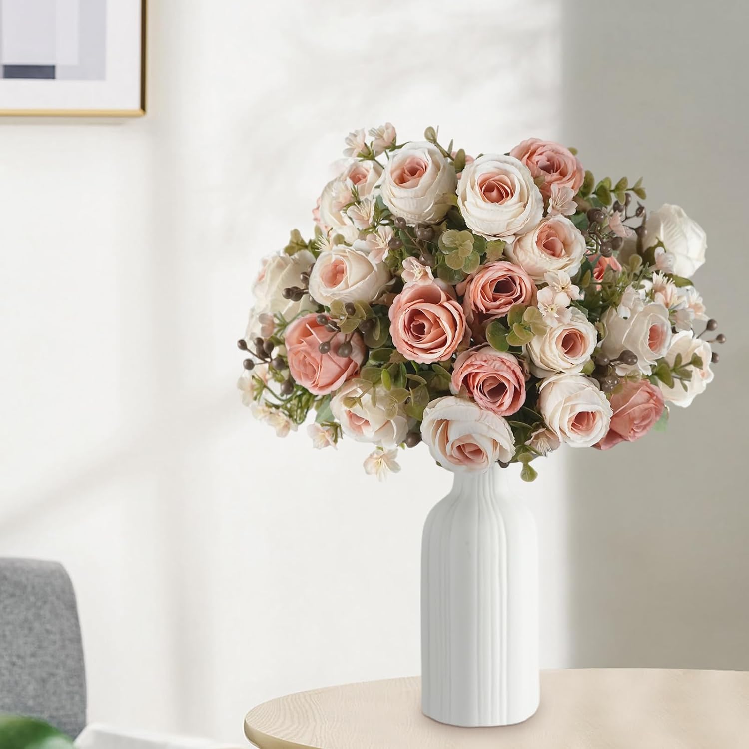 YIRSEDI Flores artificiales de seda, 3 paquetes de rosas falsas, ramo de rosas sintéticas clásicas, arreglos florales, decoración para mesa de boda,