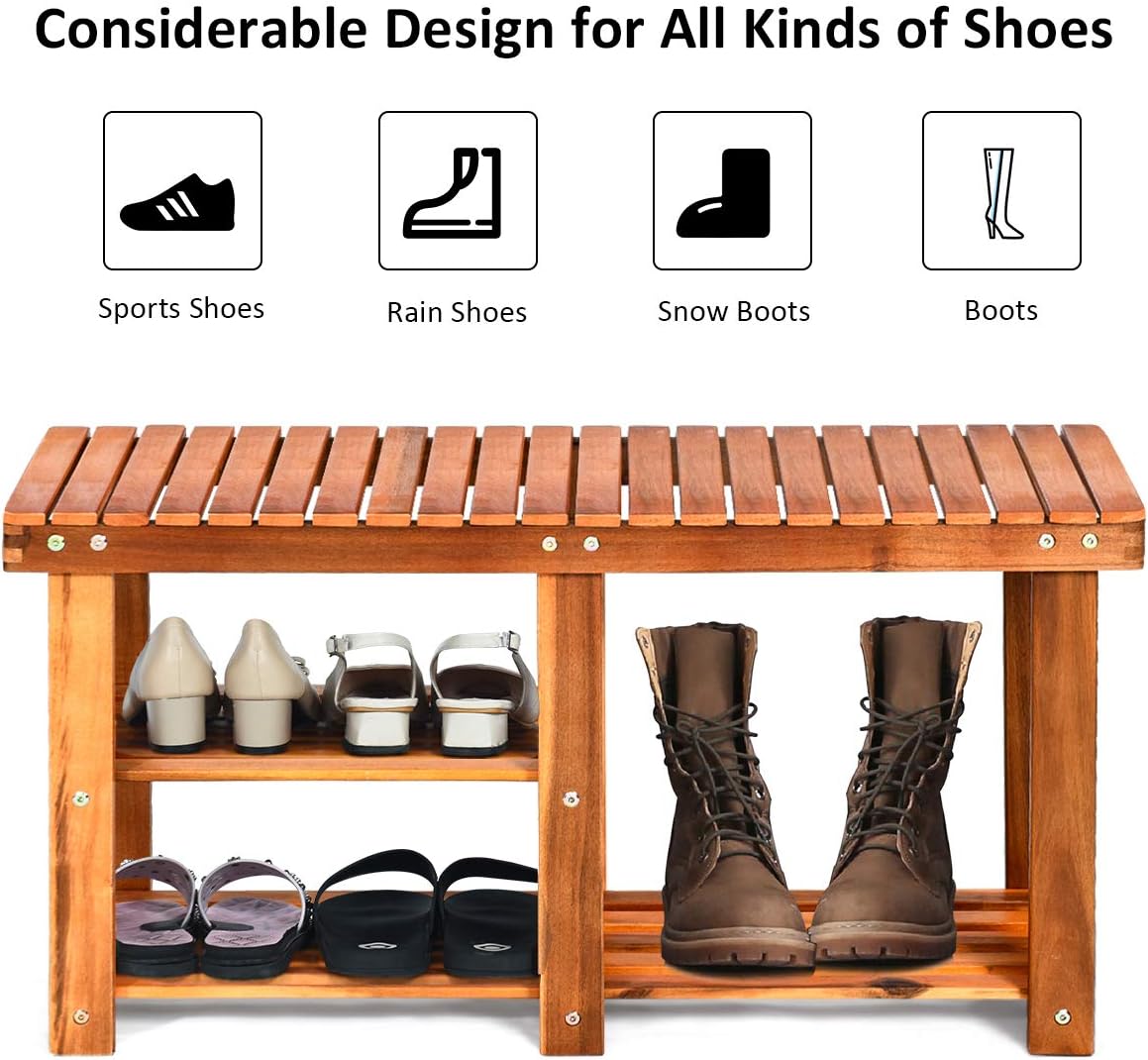 KOTEK Zapatero de 3 niveles, banco de almacenamiento de madera de acacia premium, organizador de zapatos multifuncional con almacenamiento de botas,