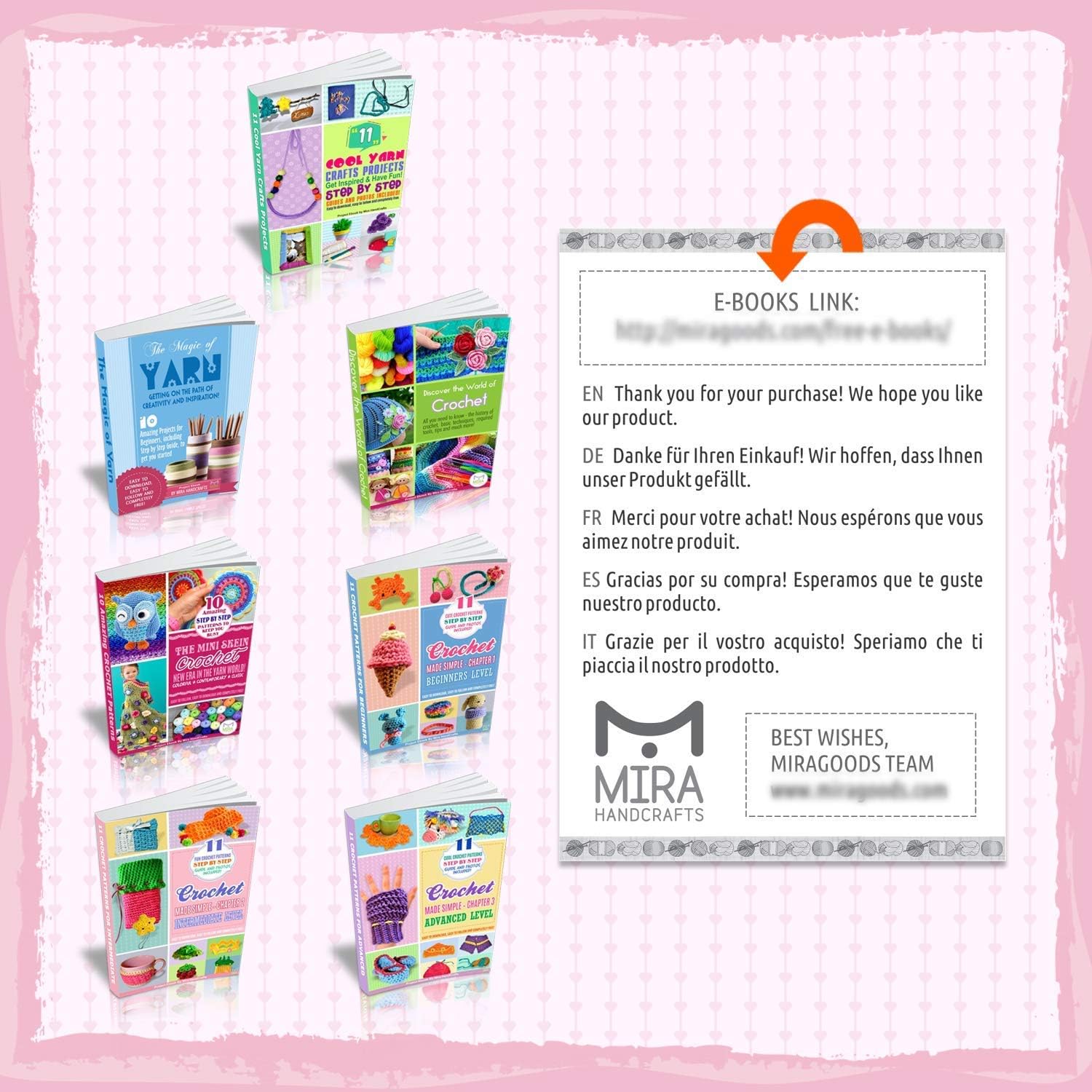 Mira HandCrafts – Hilo acrílico para ganchillo y tejer, 2 ganchillos, 2 agujas de plástico, 4 marcadores de costura, 7 libros electrónicos con