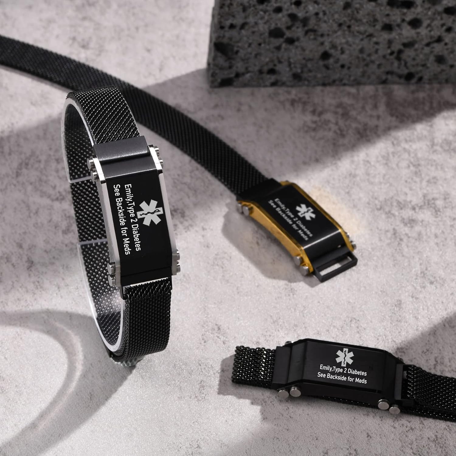 VNOX – Pulseras de identificación y alerta médica para hombres, mujeres y niños, con grabado, malla ajustable de acero inoxidable, para emergencias