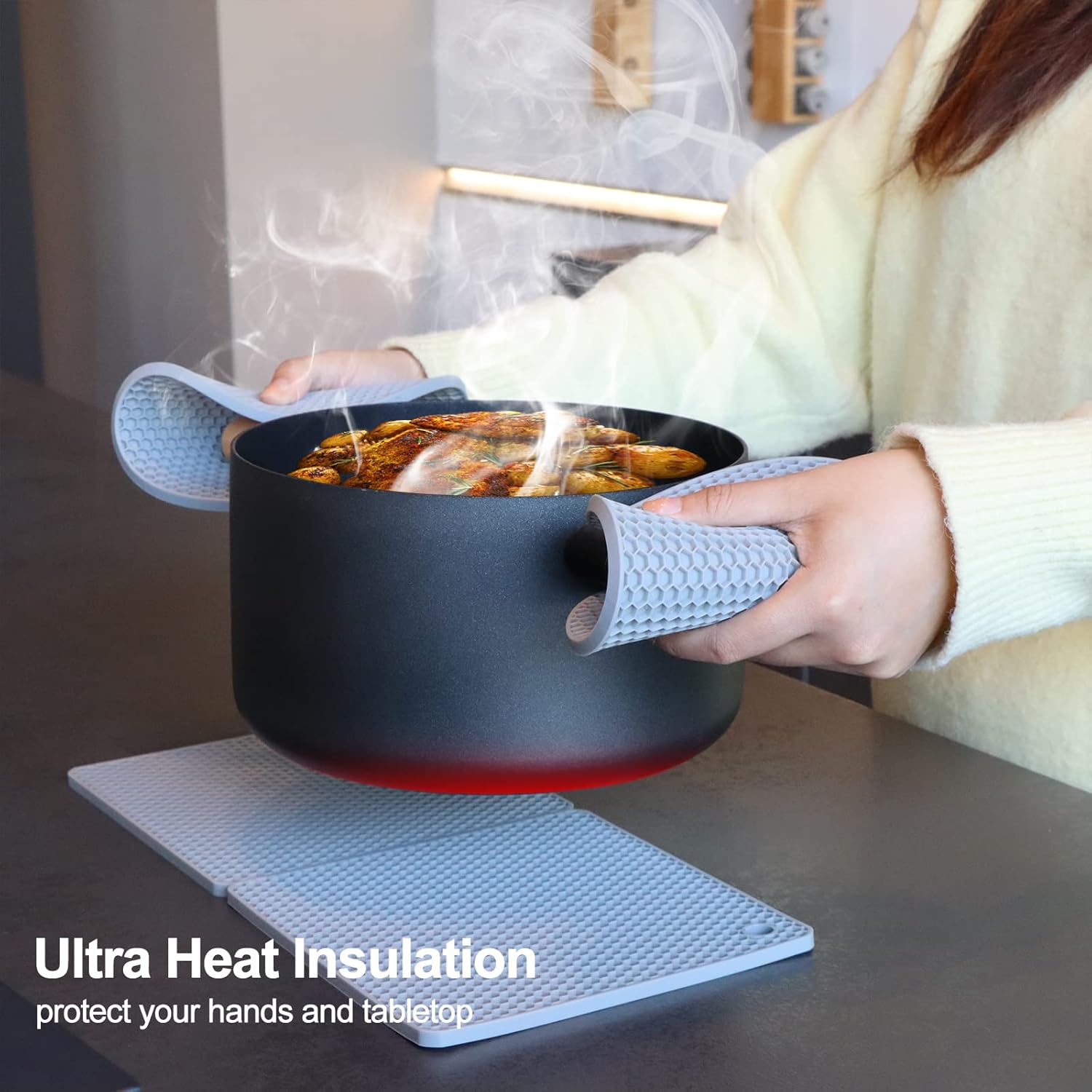 Coomin Salvamanteles de silicona para platos calientes, 4 alfombrillas resistentes al calor para encimeras, almohadillas calientes antideslizantes