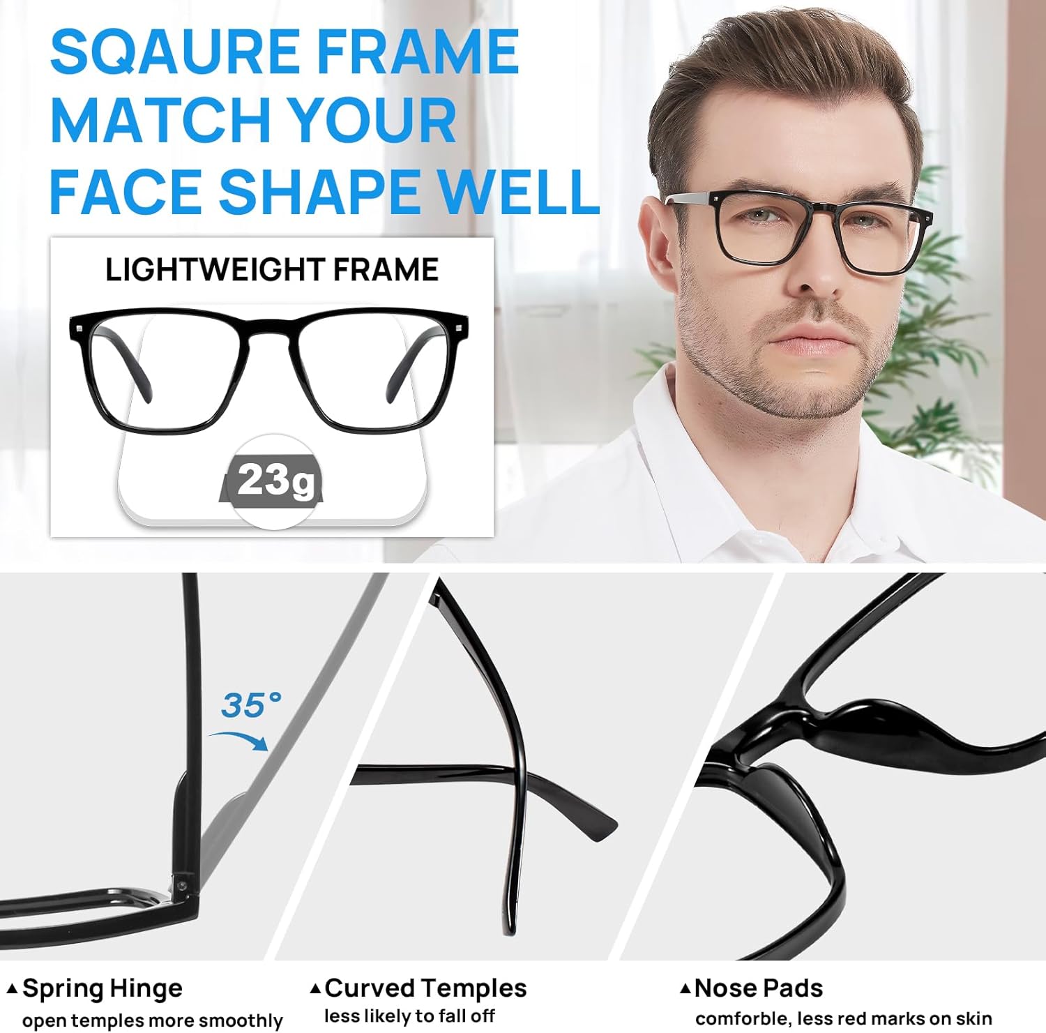 Blue Light Blocking Reading Glasses Men Large Square Readers 1.0 1.25 1.5 1.75 2.0 to 6.0