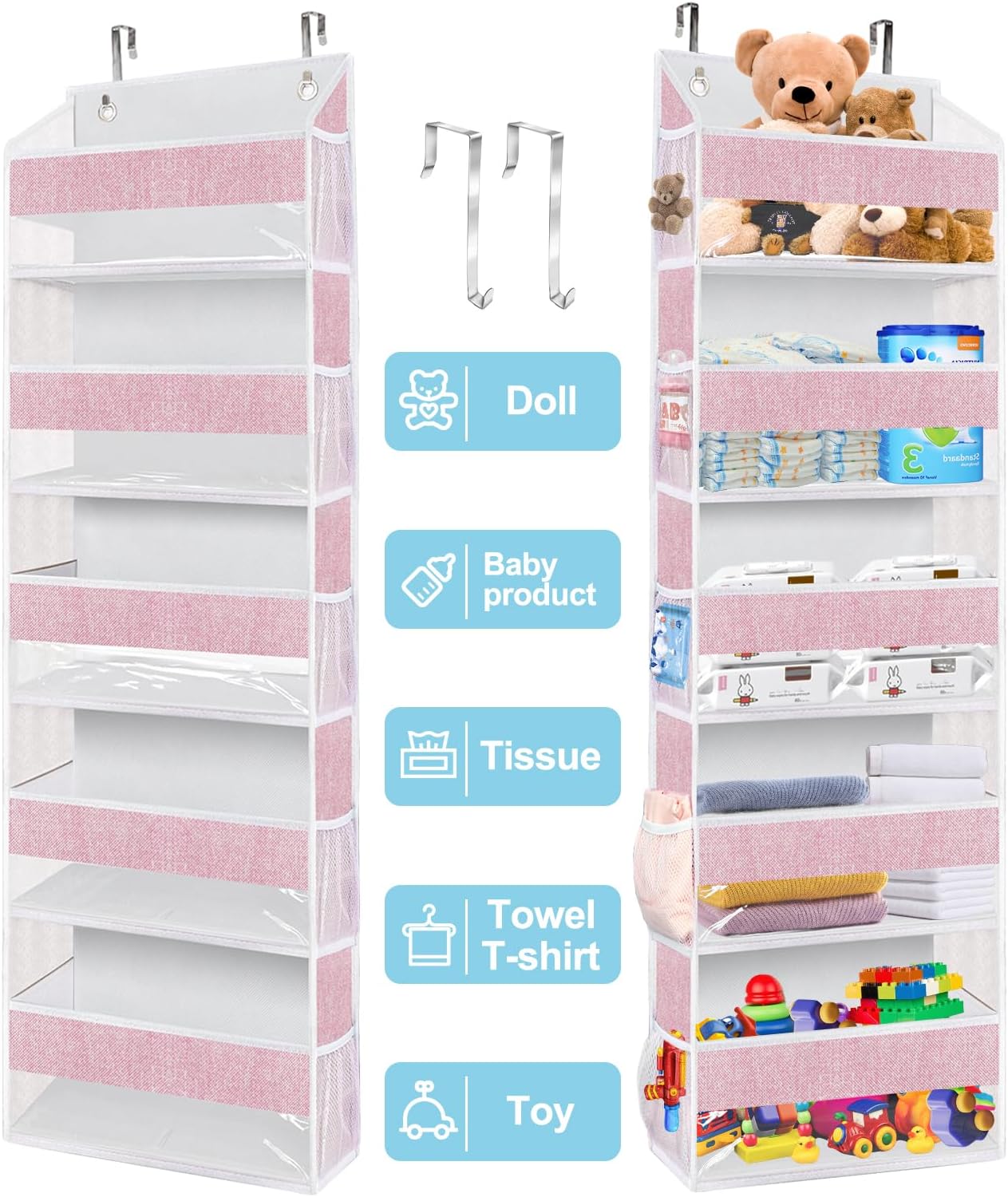homyfort Organizador para colgar sobre la puerta con 5 bolsillos grandes, 10 bolsillos laterales de malla, 5 estantes extra grandes y resistentes,