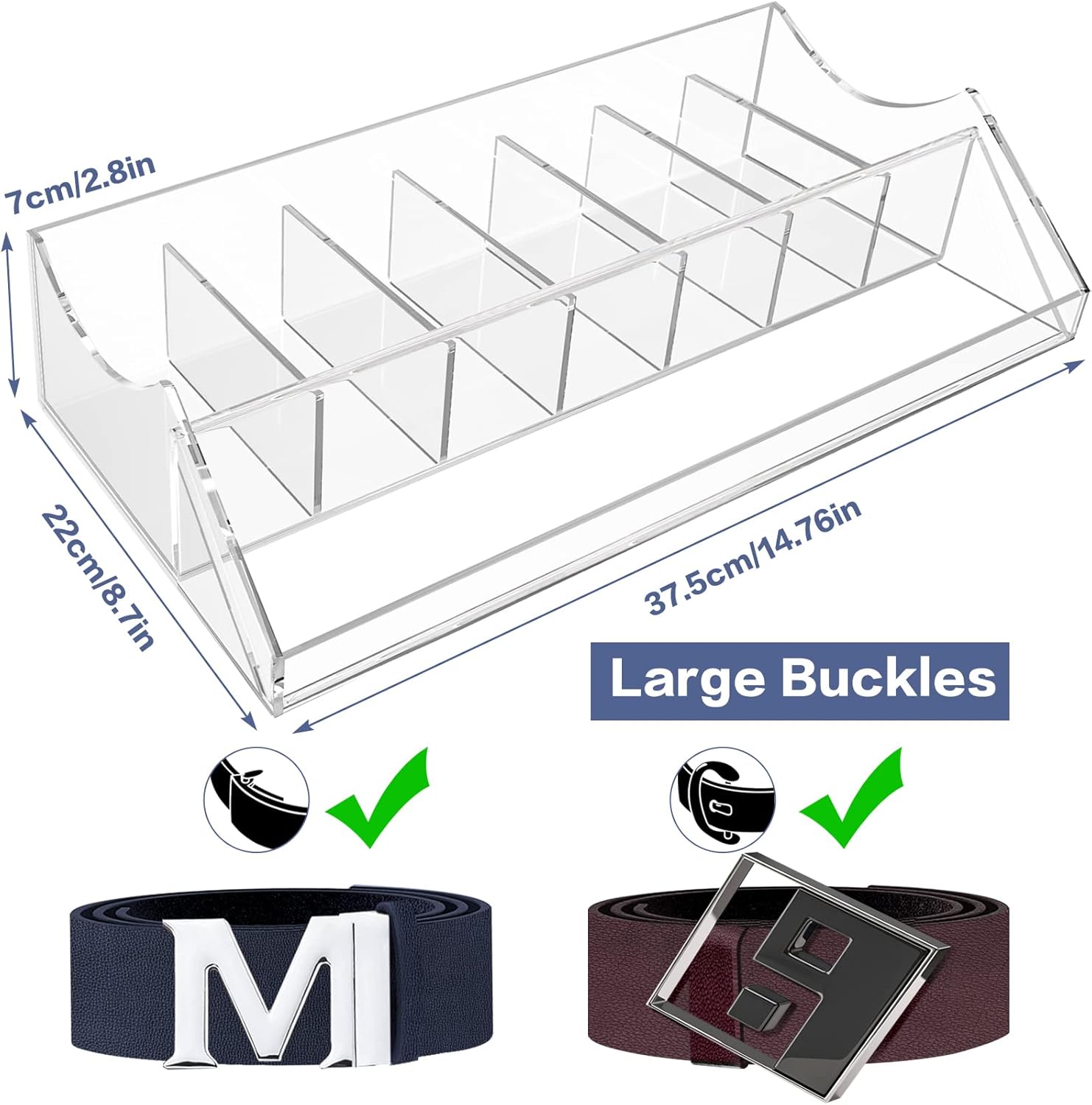 Acrylic Belt Organizer, FODIENS 7 Compartments Belt Storage Holder for Closet Drawer, Clear Belt Box Container Display Case with Display Stand for