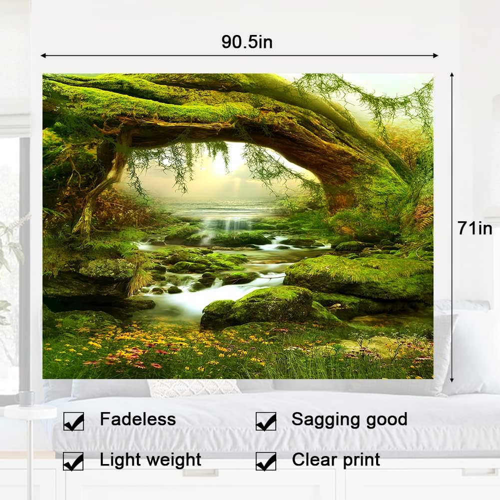 Tapiz de bosque mágico, decoración para el hogar, sala de estar, dormitorio, para usar como cortina (luz del sol y arroyo, 90.5 de largo x 70.8 de
