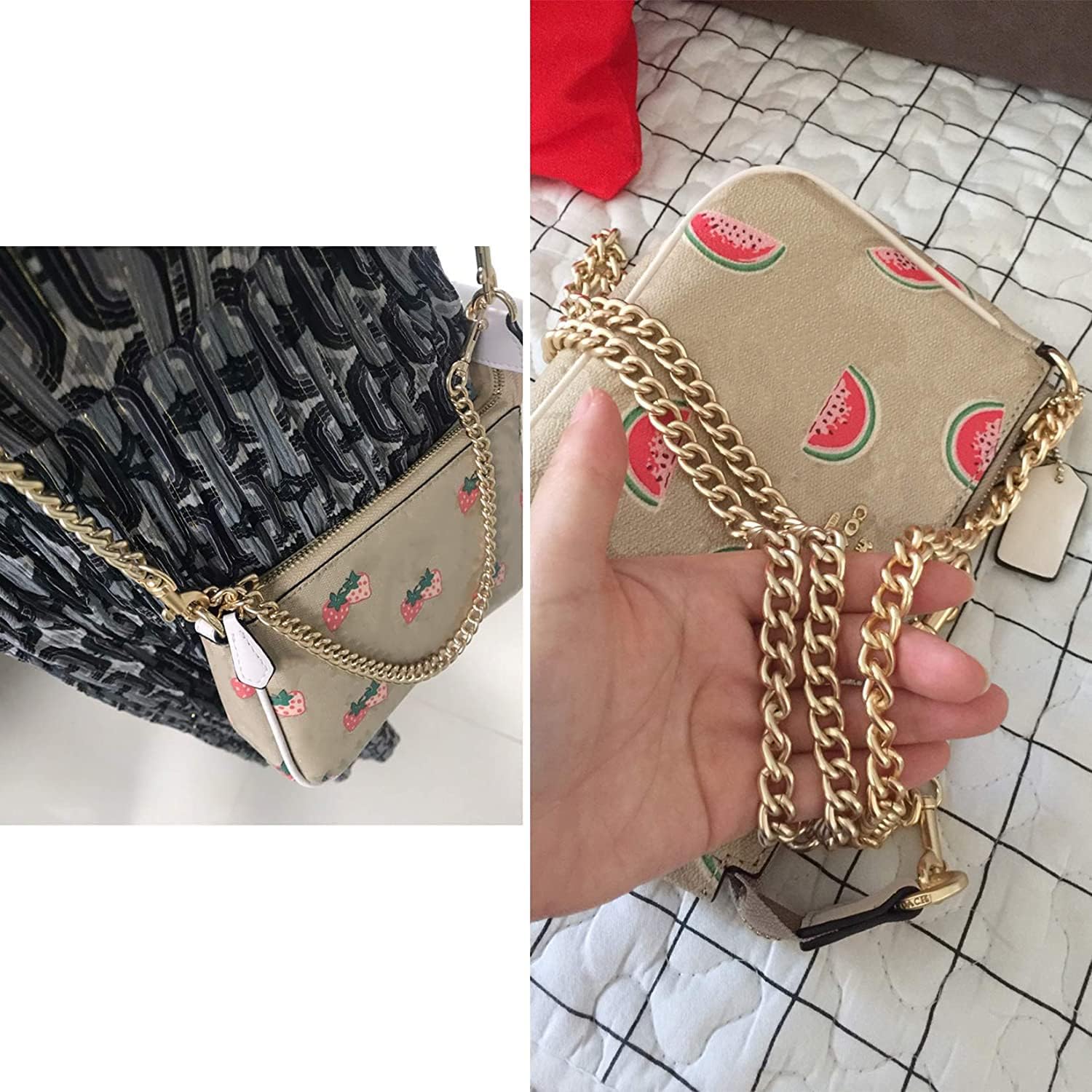 Correa de cadena plana de hierro de 24 pulgadas y 23.6 in para monedero, bolso de hombro, accesorios de correas (cobre dorado + perla-24 pulgadas),
