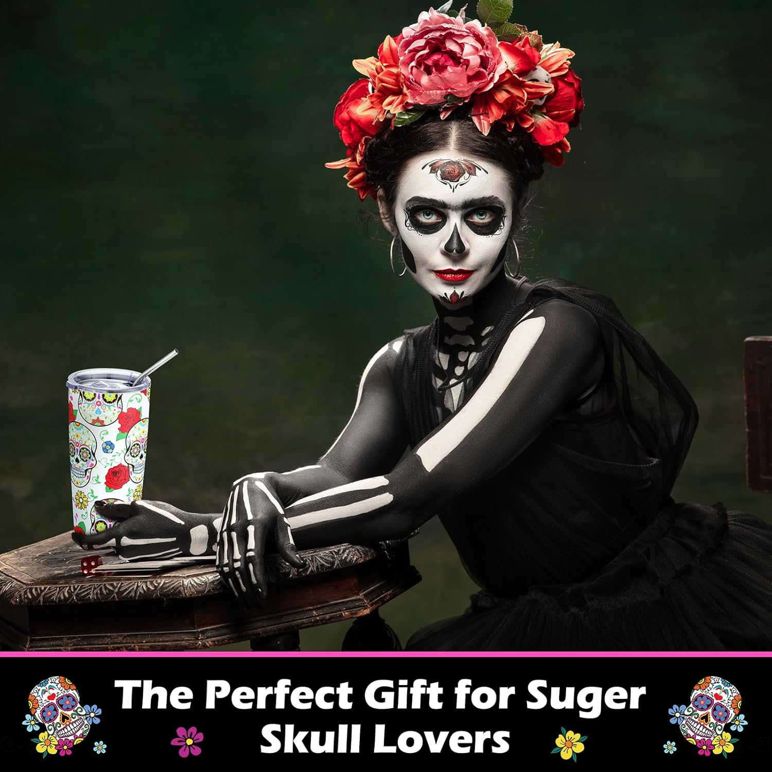 4 vasos de café de calavera de azúcar con tapas y pajitas, tazas de calaveras de 20 onzas, tazas de acero inoxidable con aislamiento al vacío, tazas