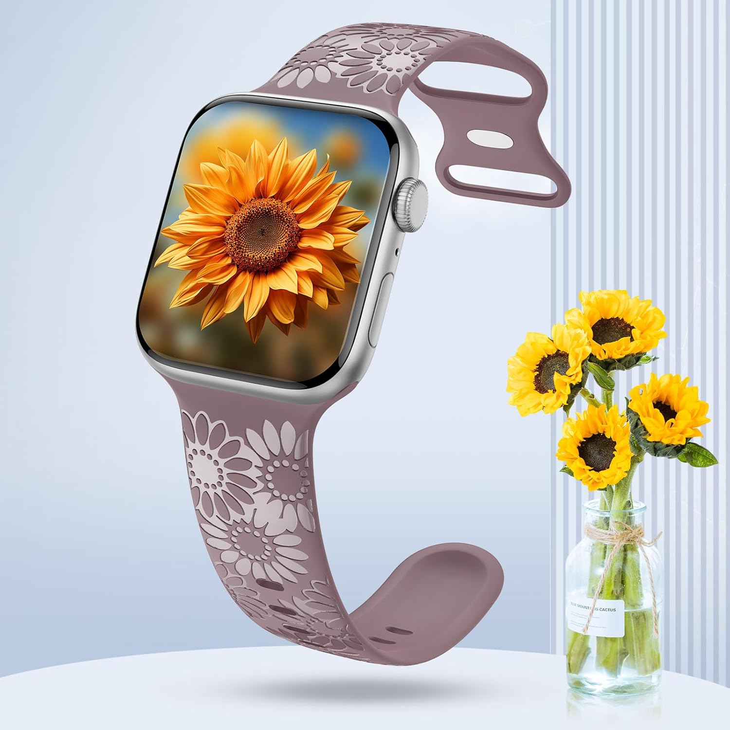 Correa de silicona grabada de girasol compatible con Apple Watch Band de 1.496 in 1.575 in 1.614 in 1.654 in 1.732 in 1.772 in 1.929 in correa de
