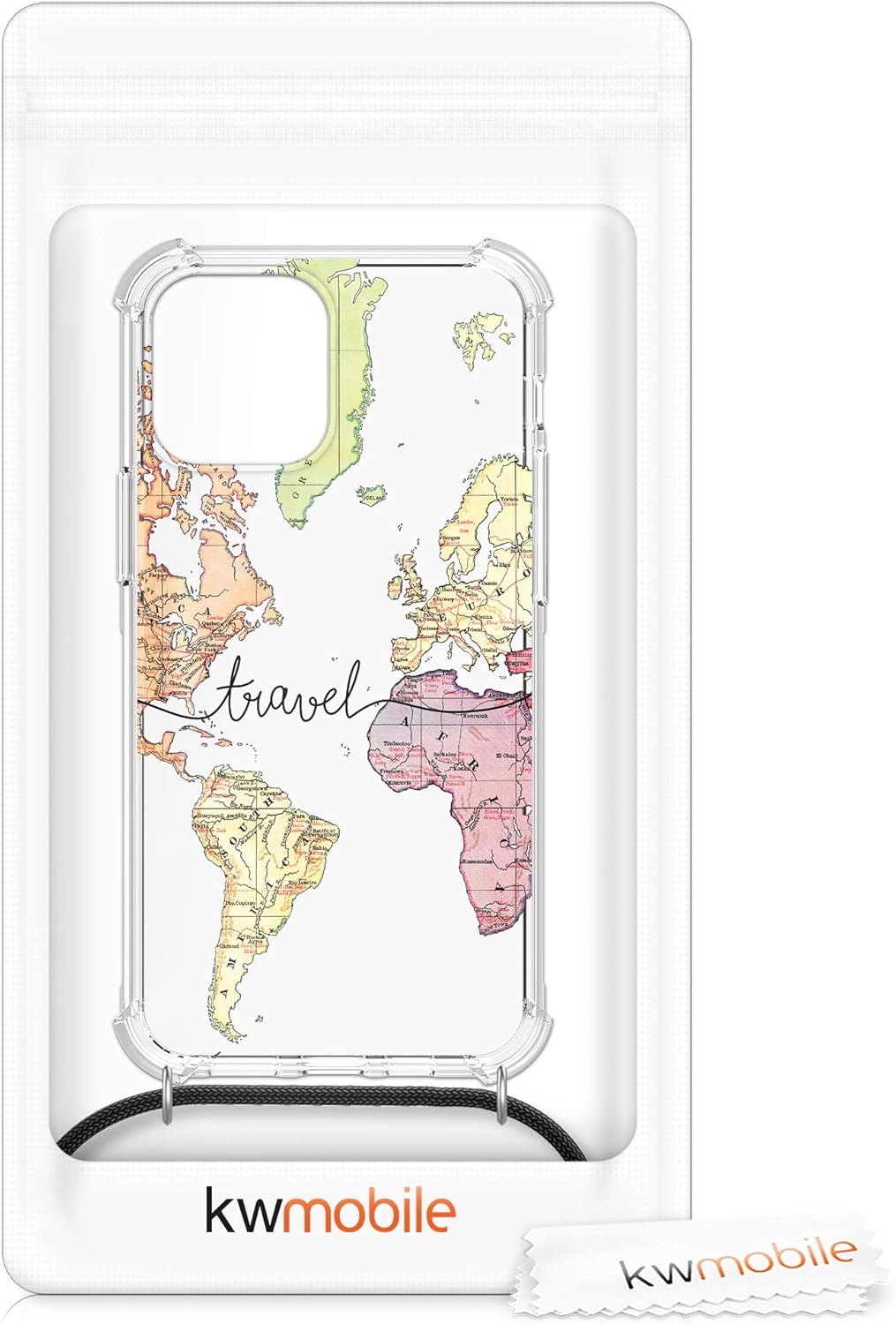 kwmobile Funda cruzada compatible con Apple iPhone 12 Mini, correa de viaje, color negro, multicolor y transparente