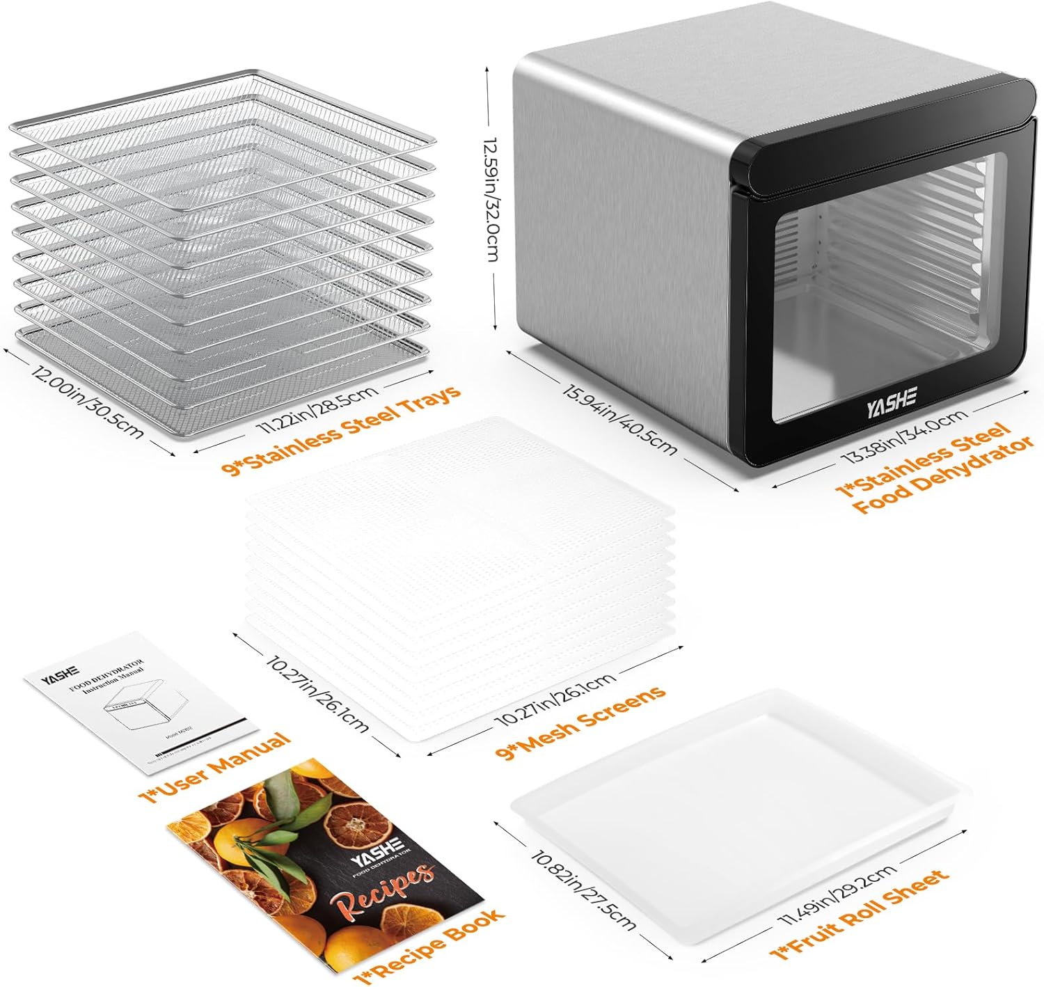Deshidratador de alimentos para carne seca con 9 bandejas de acero inoxidable, secadora de frutas de 800 W, temperatura de 165  y temporizador de 48