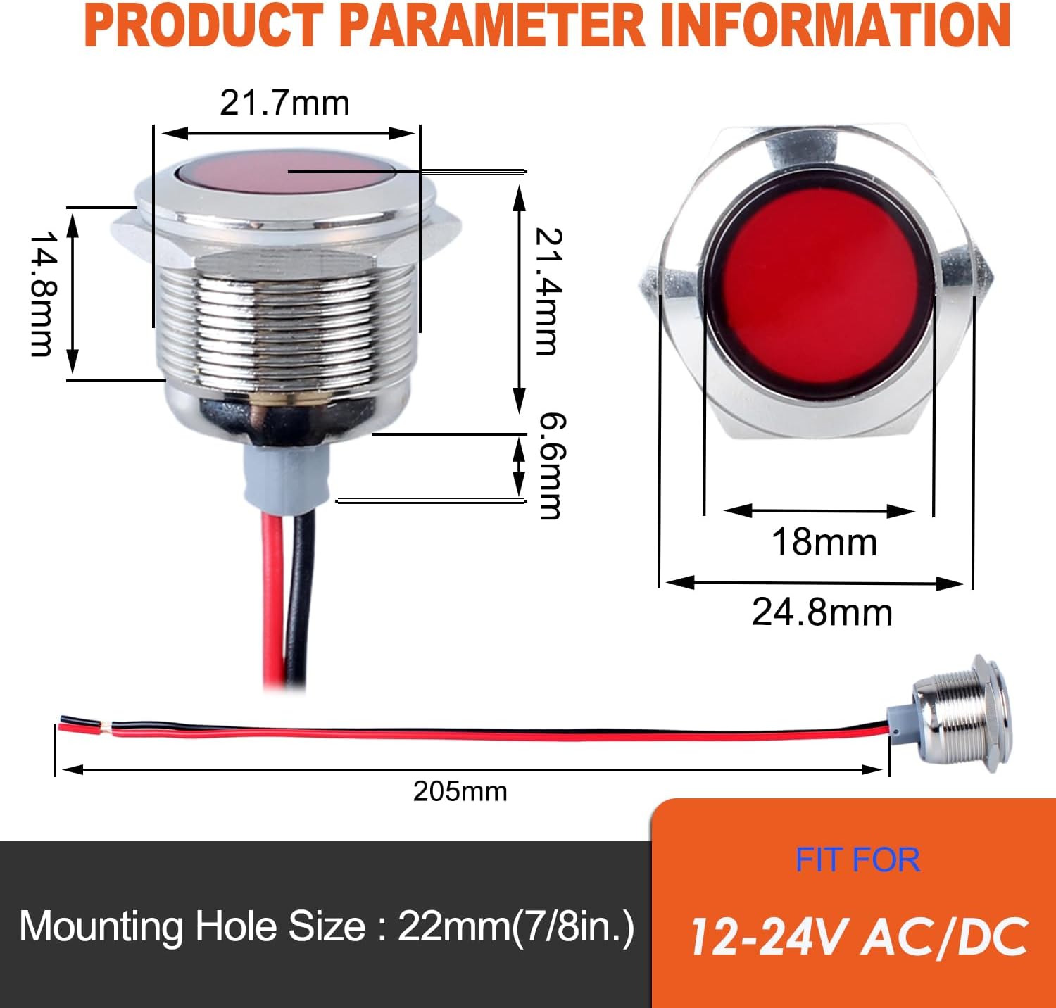 2PCS 0.866 in Metal Indicador Luz Orificio de Montaje 78″, 12-24V ACDC 20mA Impermeable IP67 Lámpara Piloto LED Cabeza Plana con 20cm7.87in. Cable