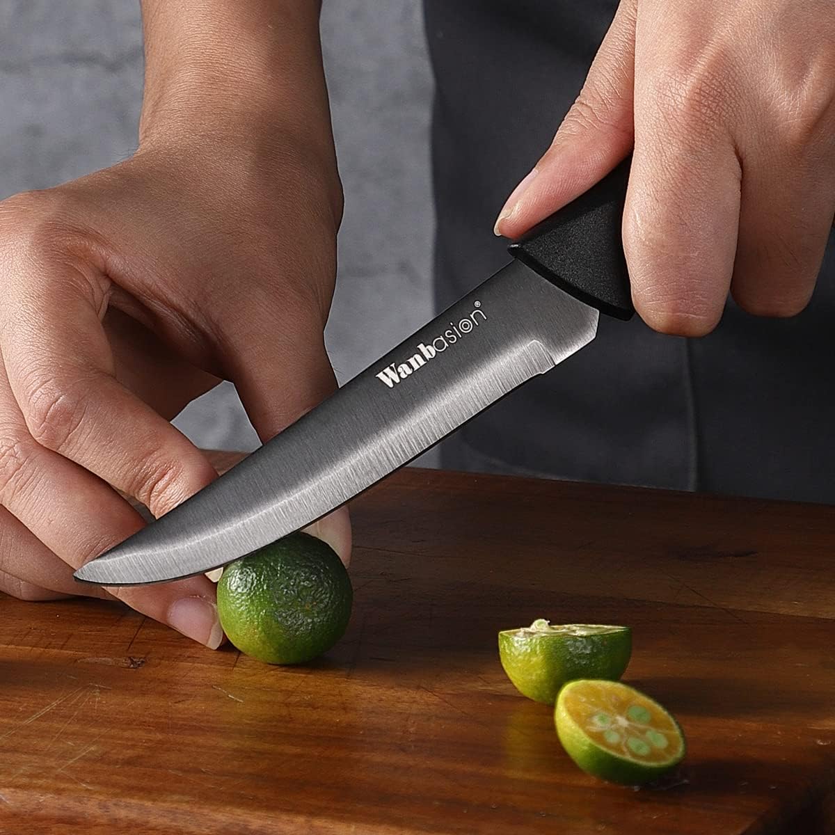 Wanbasion Juego de cuchillos para carne negros no dentados, aptos para lavavajillas, juego de cuchillos afilados para carne para cocina con asas